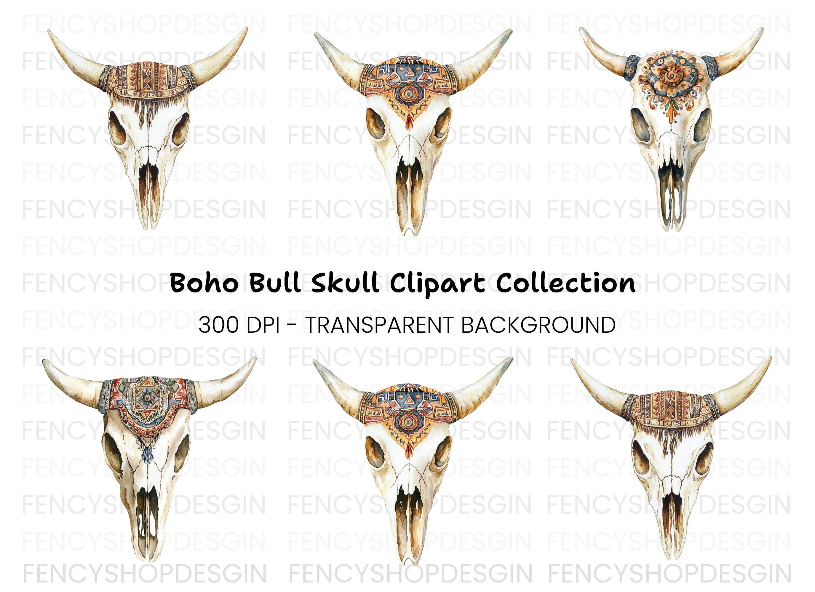 Boho Bull Skulls Clipart Bundle