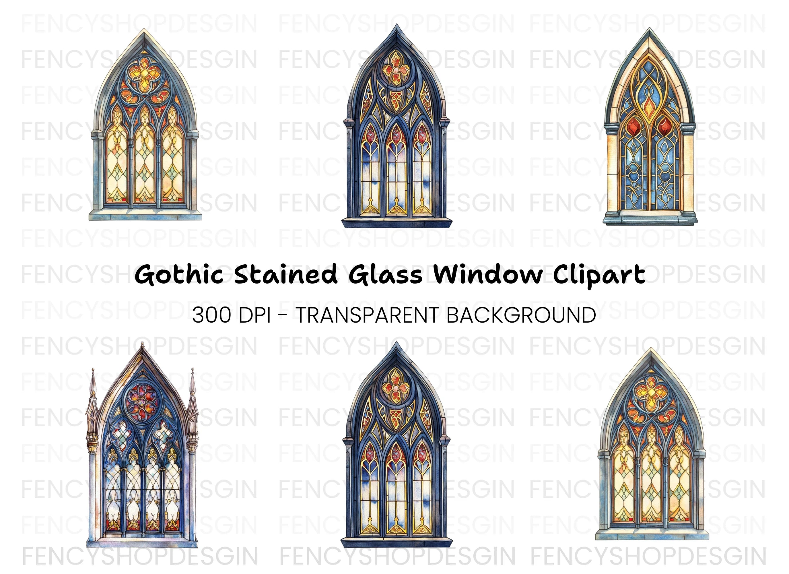Elegant Stained Glass Arch Window Clipart Bundle