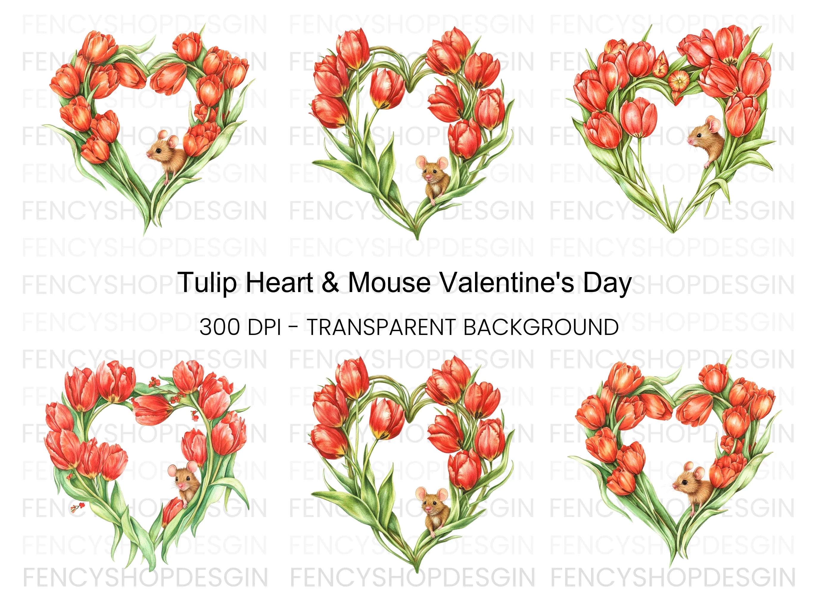 Tulip Heart with Cute Mouse Clipart Bundle