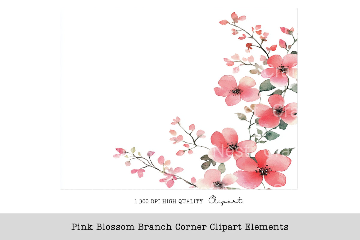 Pink Blossom Branch Corner Elements Clipart Bundle