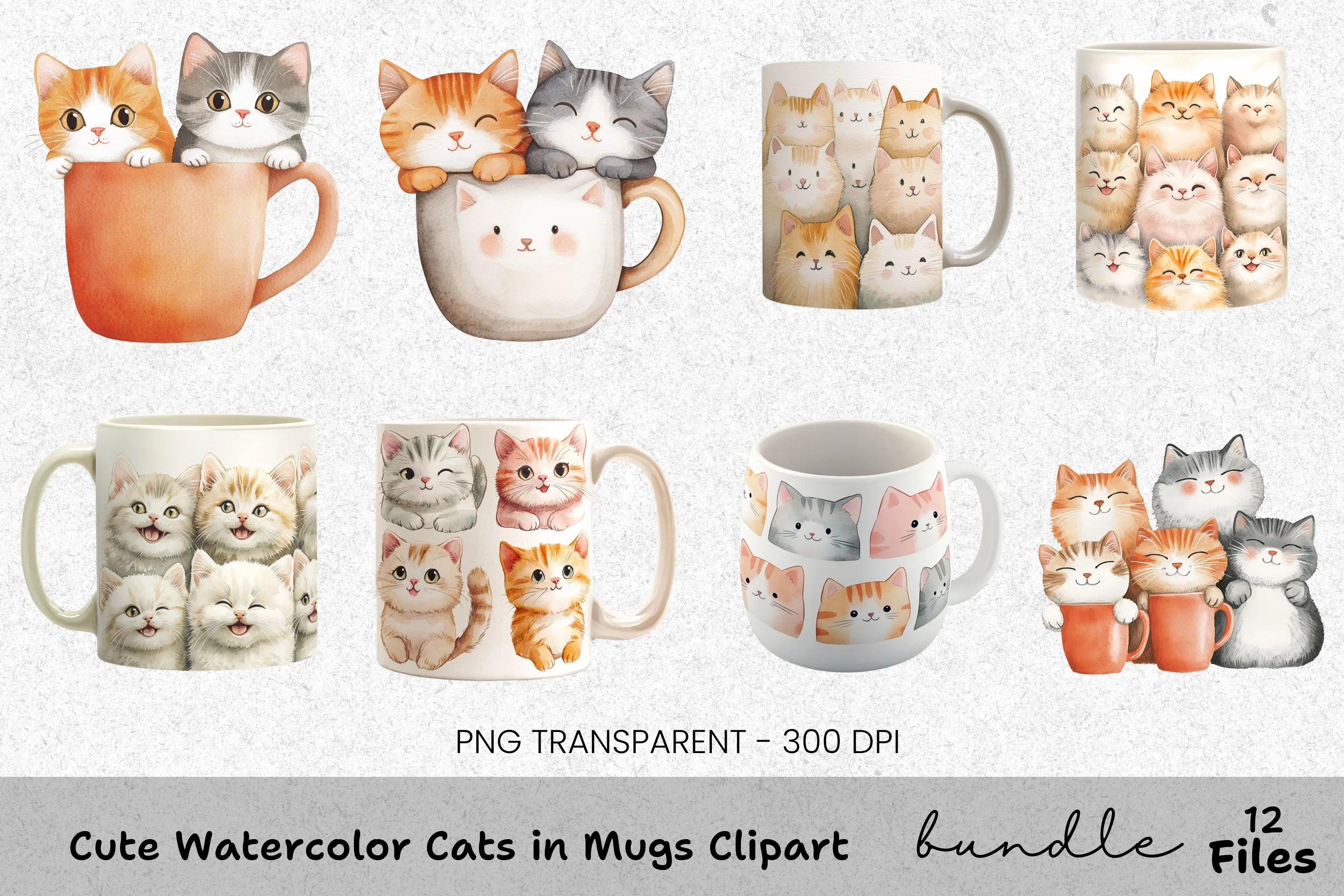 Cute Cats in Mugs Clipart Bundle
