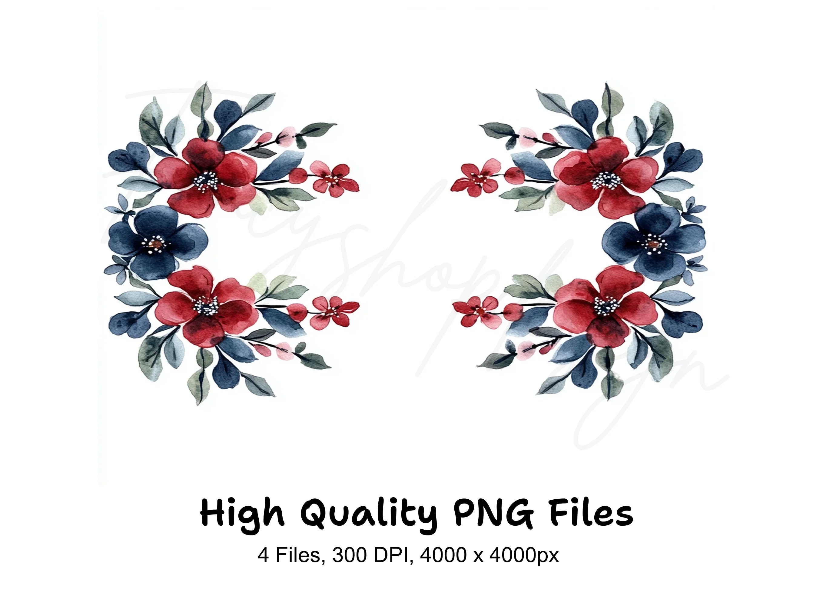 Red Blue Floral Elements Clipart Bundle