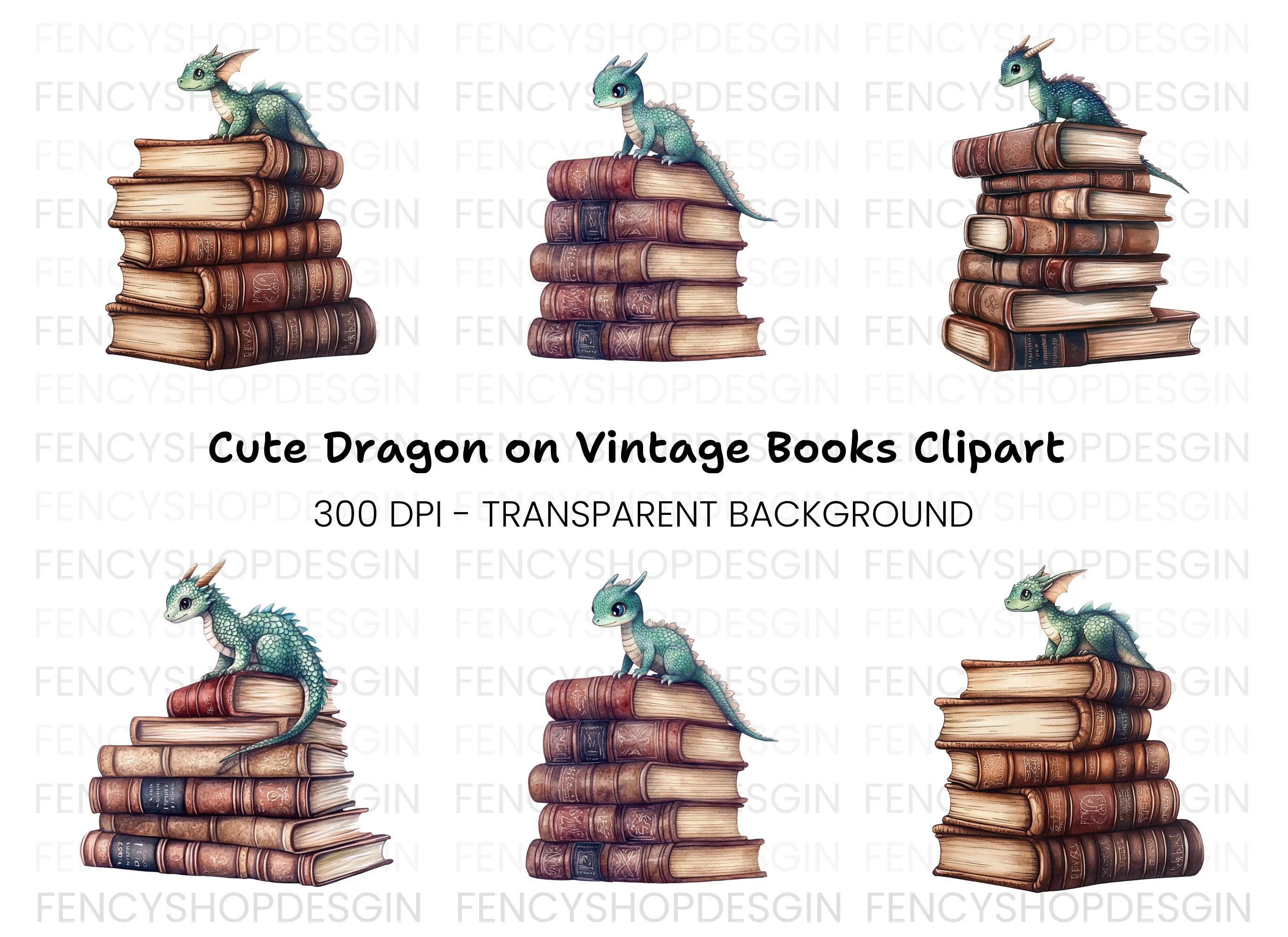 Cute Baby Dragon on Books Clipart Bundle