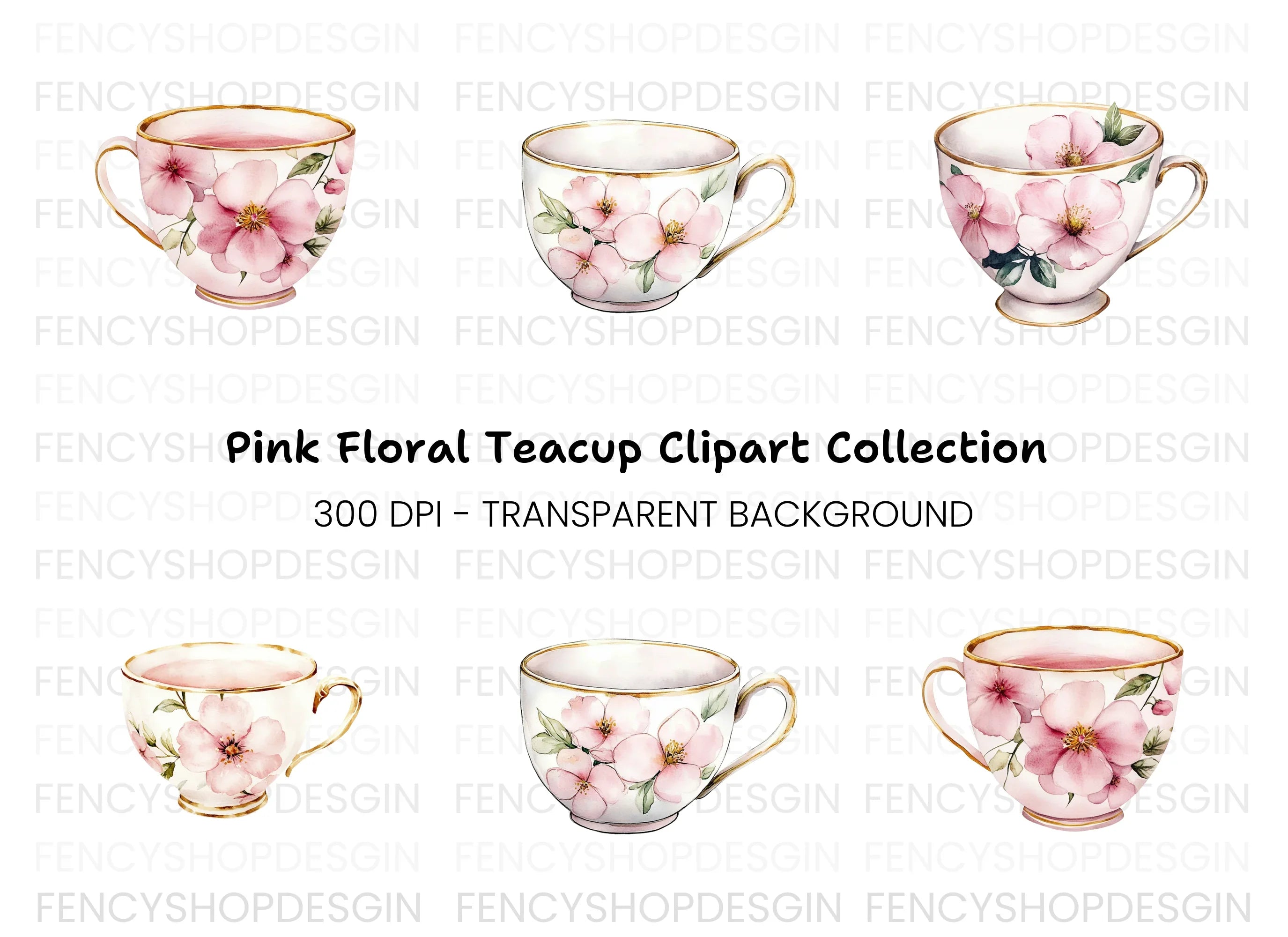 Pink Blossom Teacups Clipart Bundle