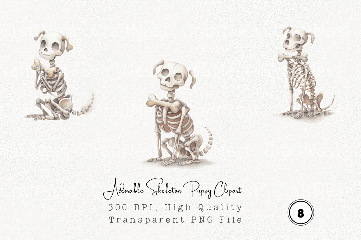 Adorable Skeleton Puppy Clipart Bundle