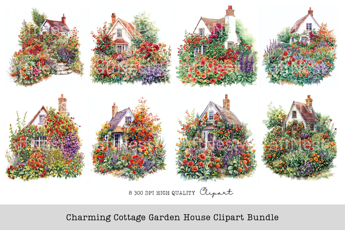 Charming Cottage Garden House Clipart Bundle
