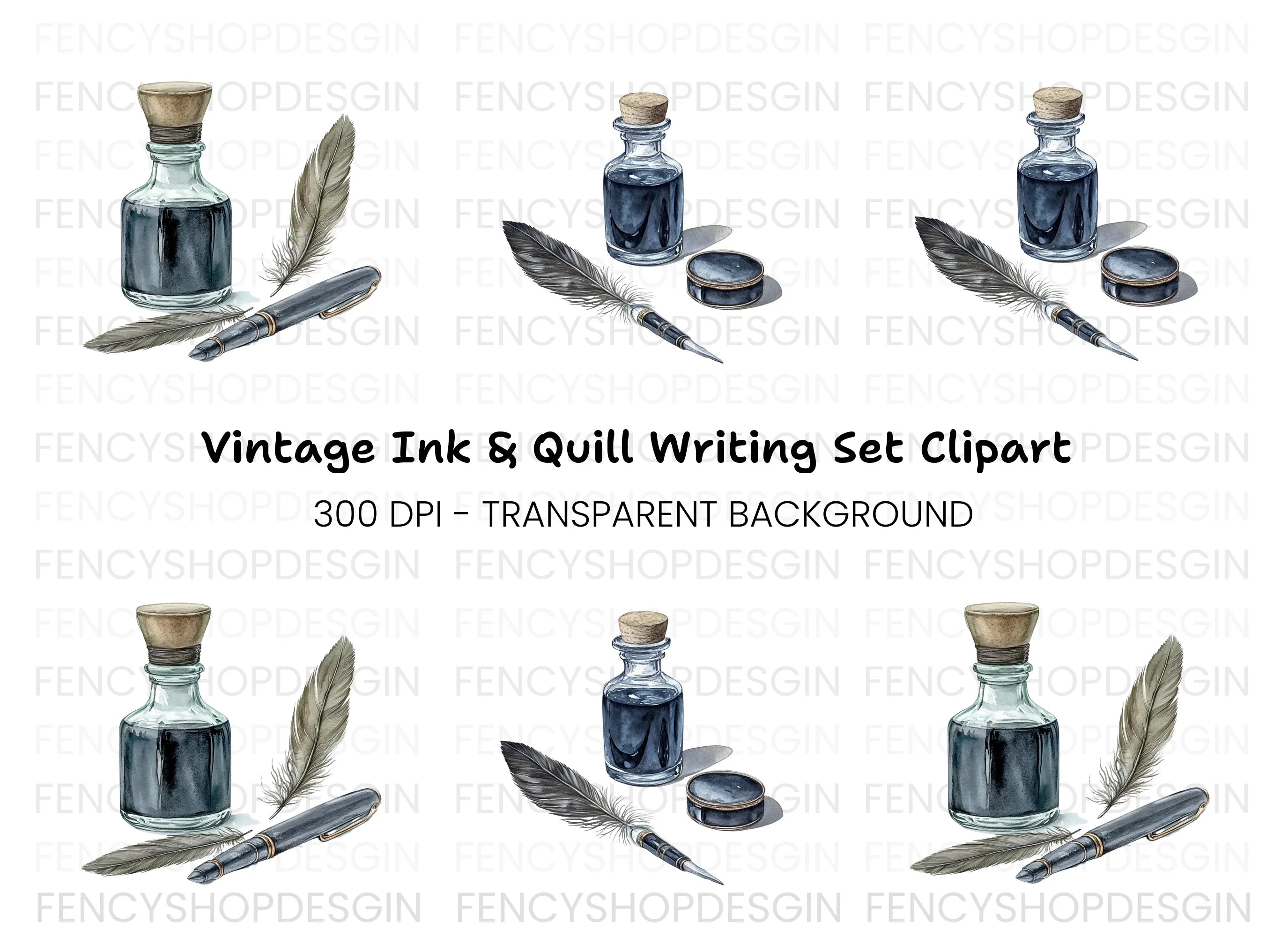Vintage Inkwell and Quill Pen Clipart Bundle