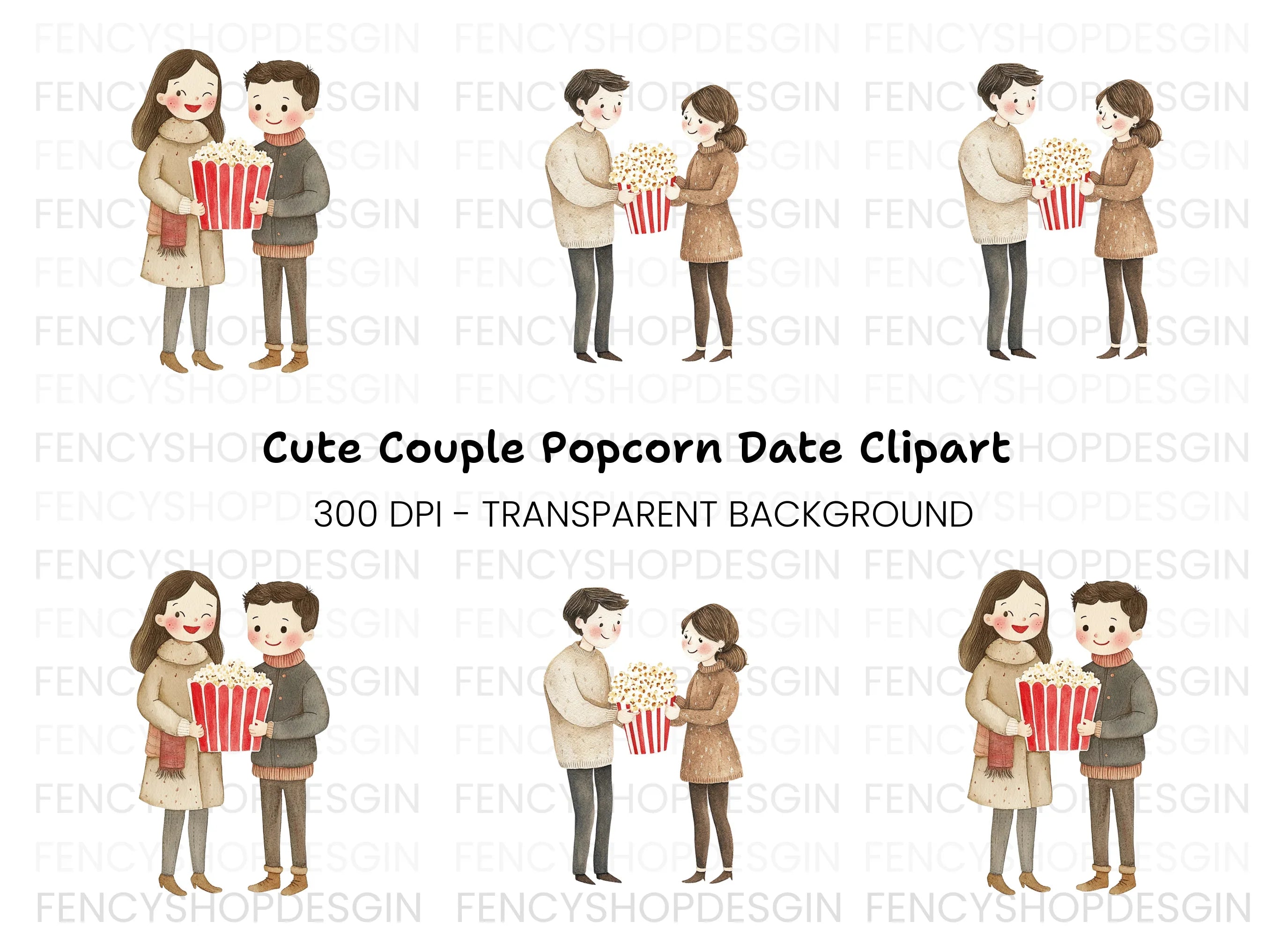 Cute Couple Sharing Popcorn Clipart Bundle