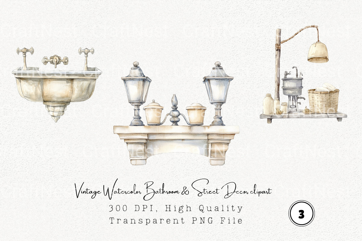Vintage Bathroom Street Decor Clipart Bundle