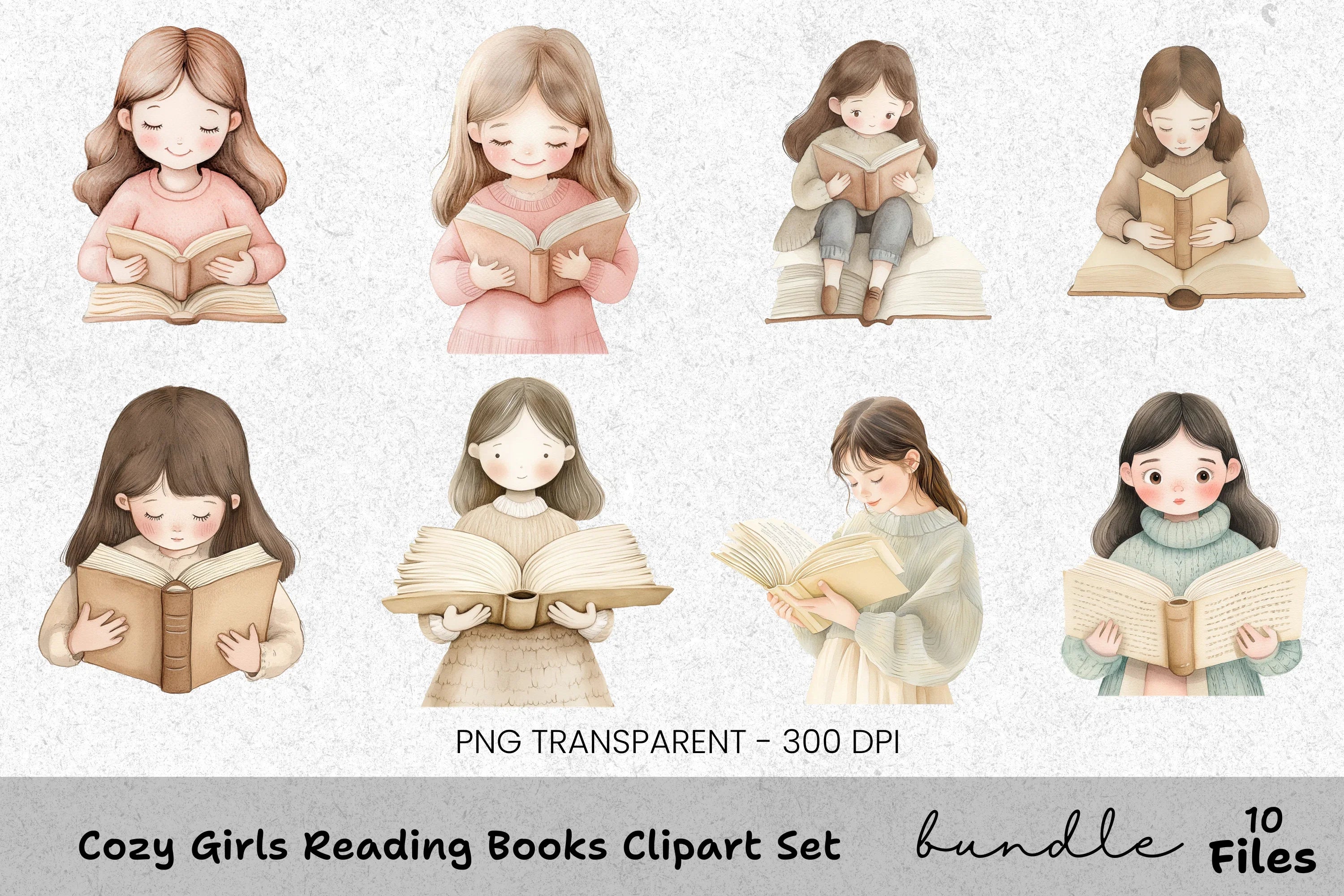 Cozy Girls Reading Books Clipart Bundle