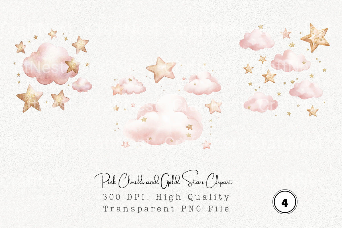 Pink Clouds And Gold Stars Clipart Bundle