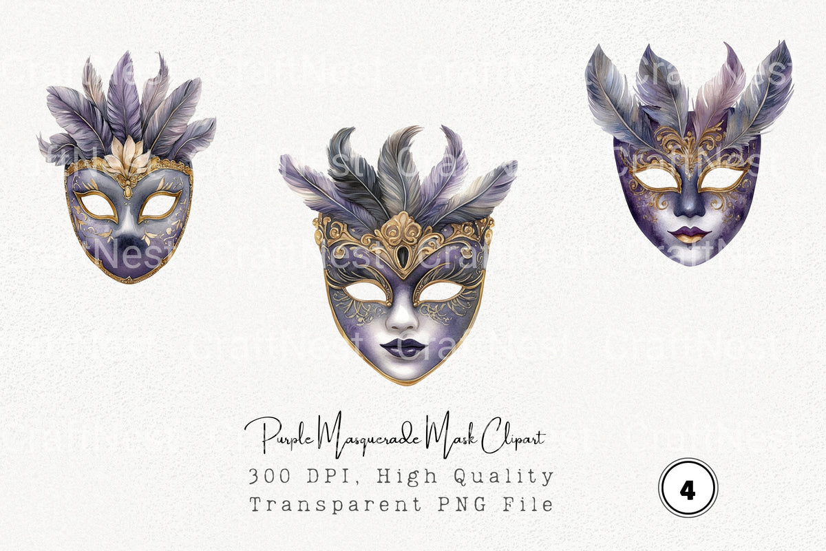 Purple Masquerade Mask Clipart Bundle