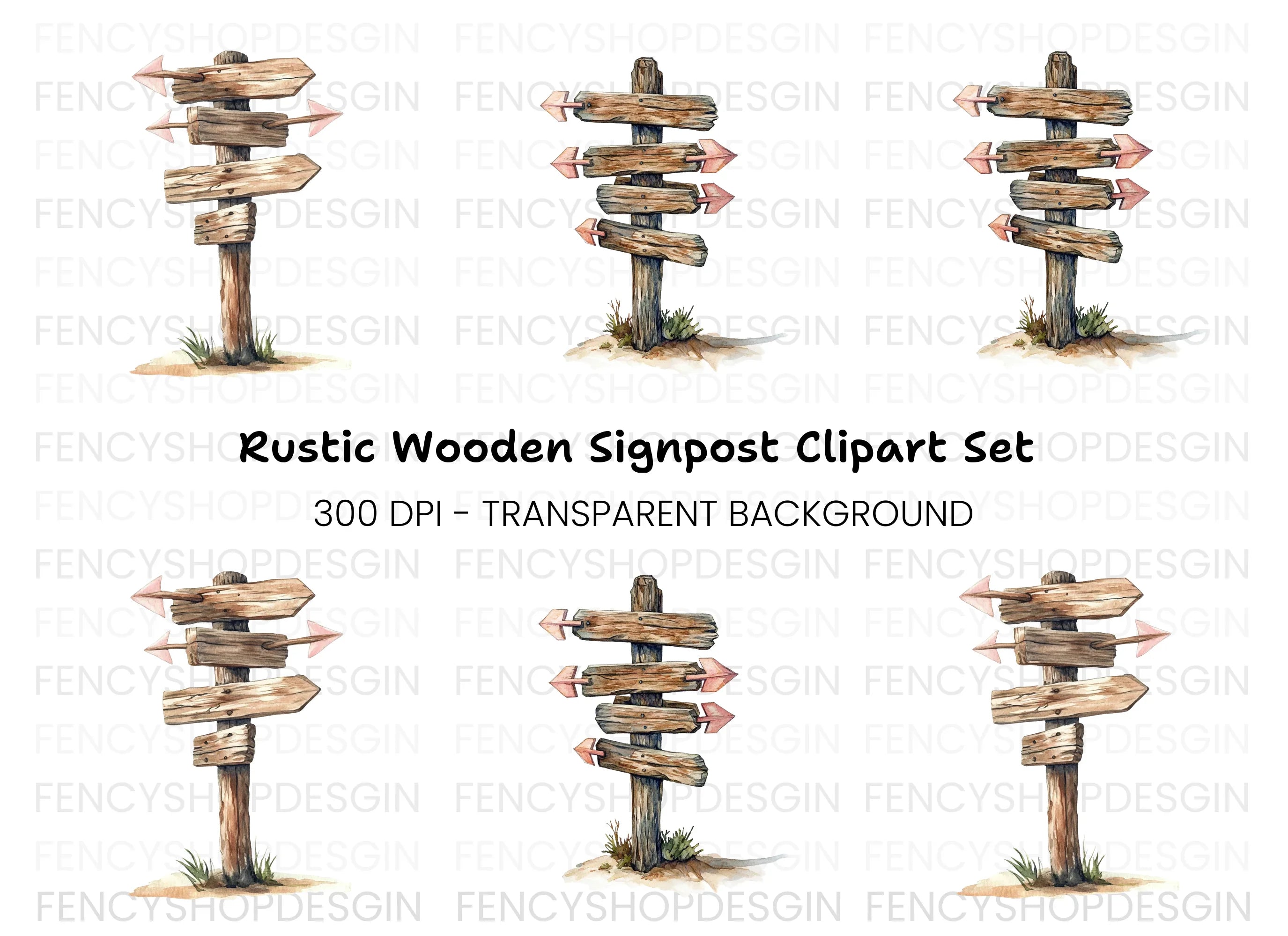 Wooden Directional Signs Clipart Bundle