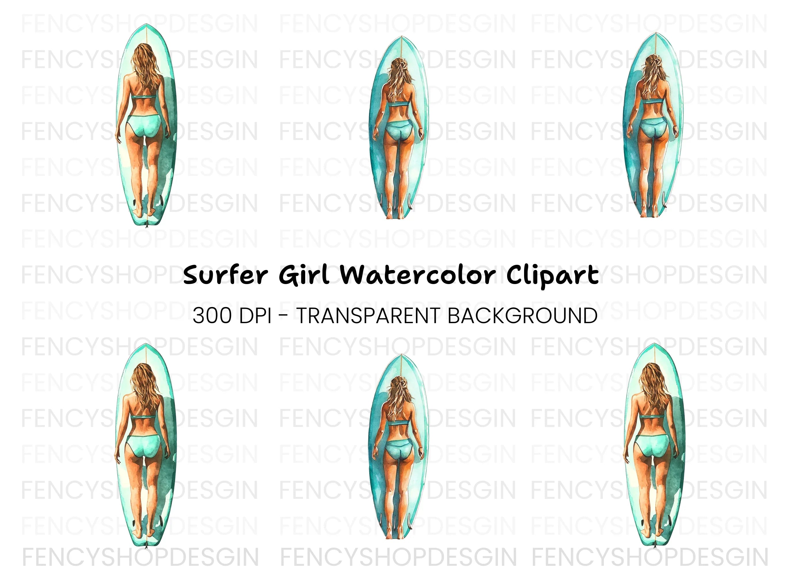 Female Surfer on Board Clipart Bundle