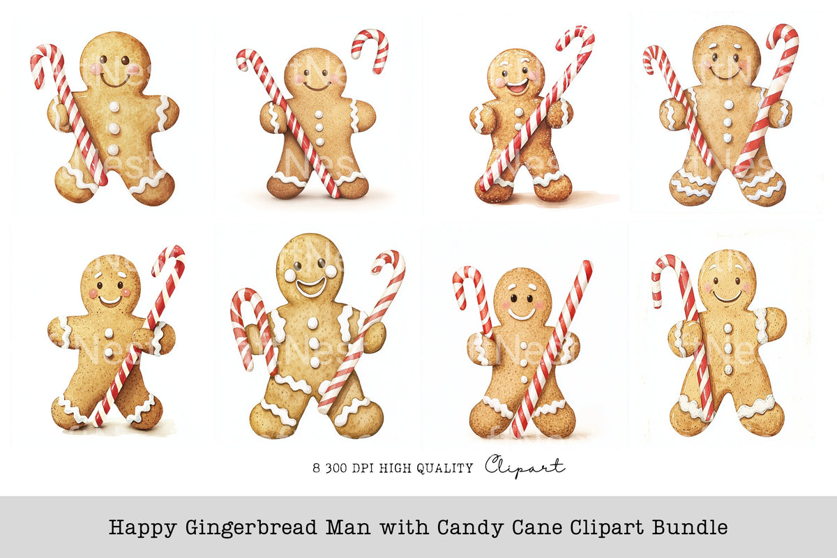 Happy Gingerbread Man With Candy Cane Clipart Bundle