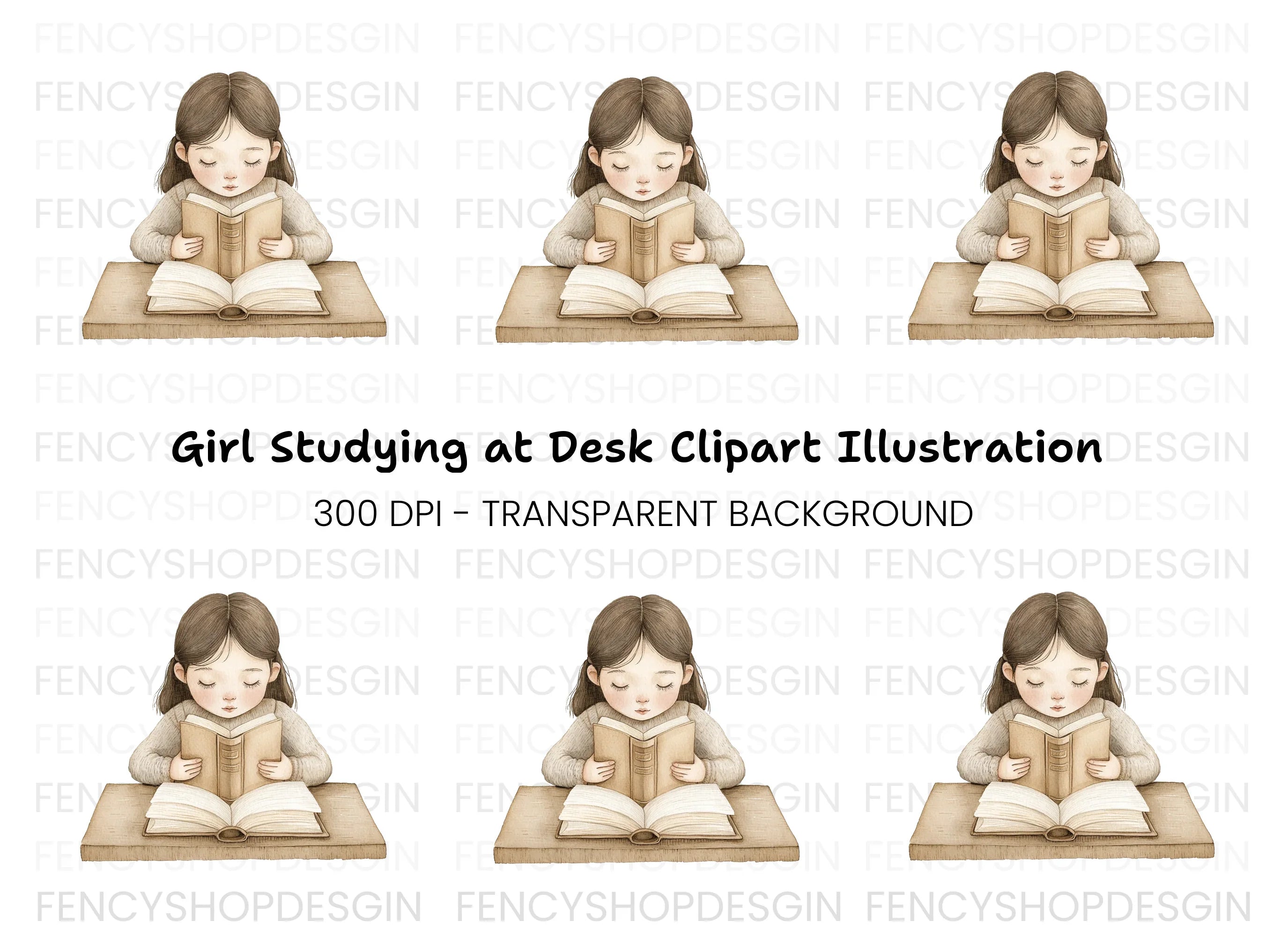 Girl Studying at Desk Clipart Bundle