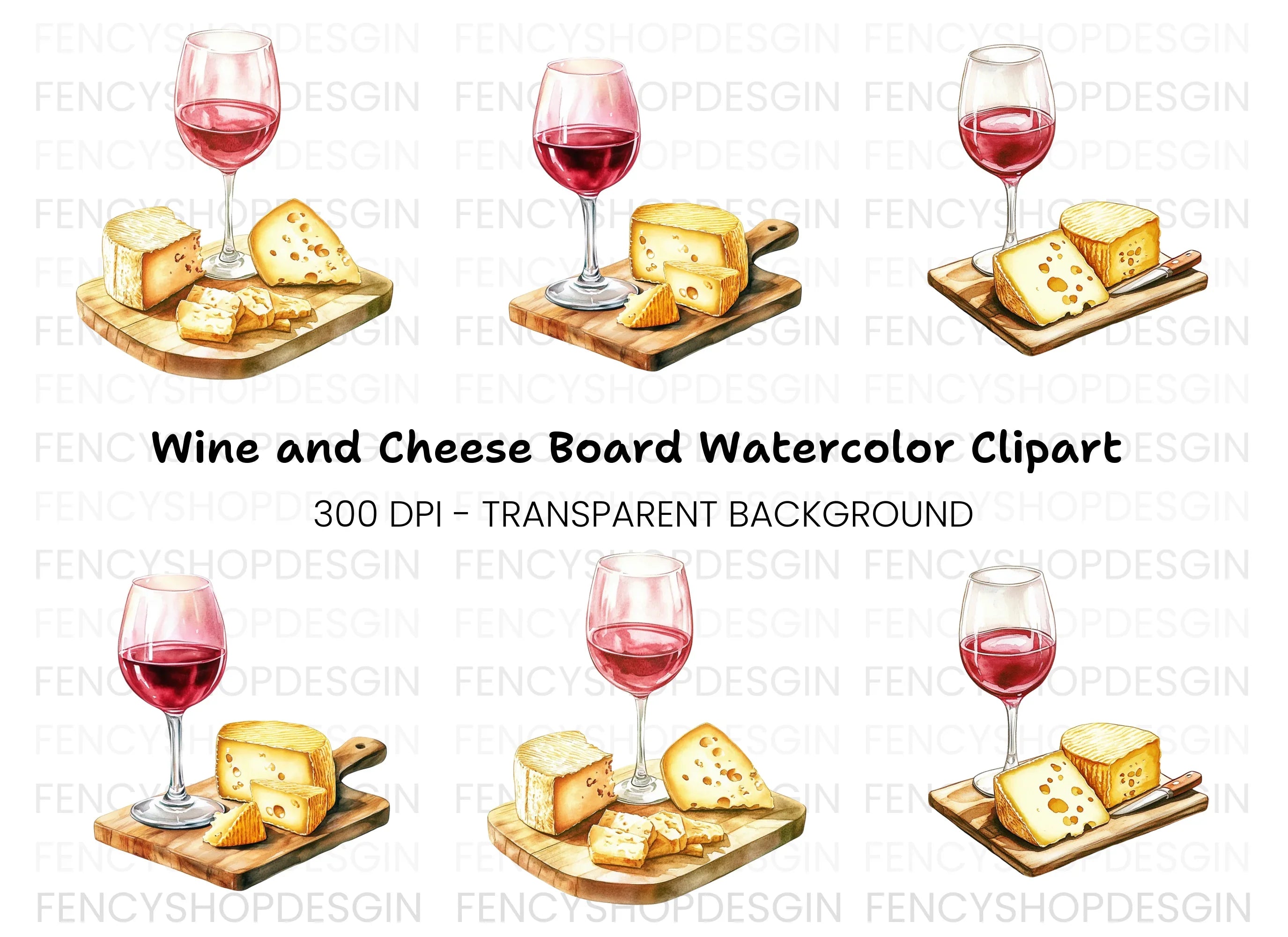 Red Wine and Cheese Board Clipart Bundle