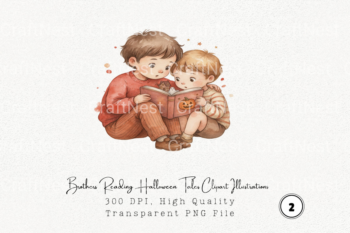 Brothers Reading Halloween Tales Illustrations Clipart Bundle
