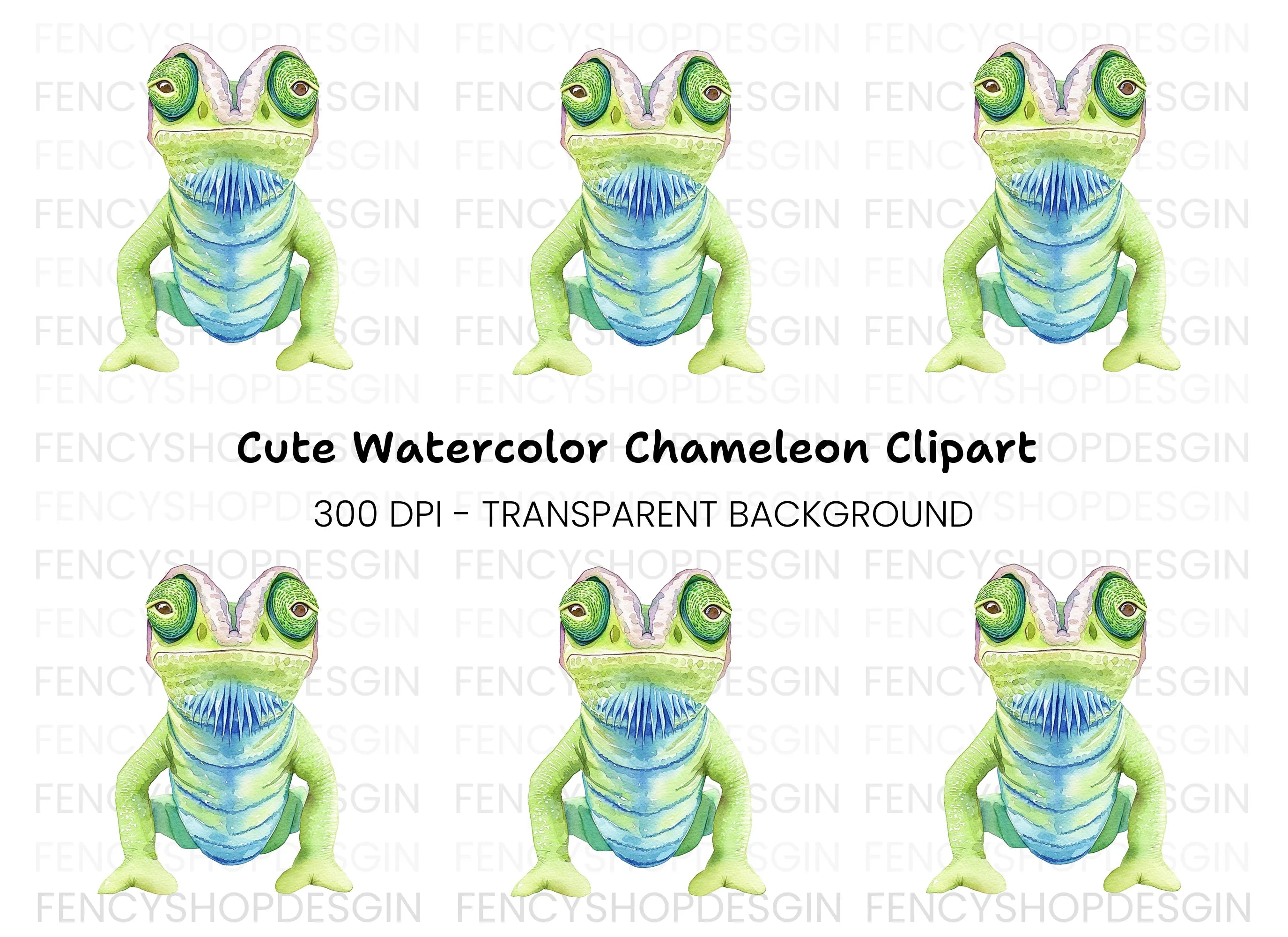 Cute Green Chameleon Clipart Bundle