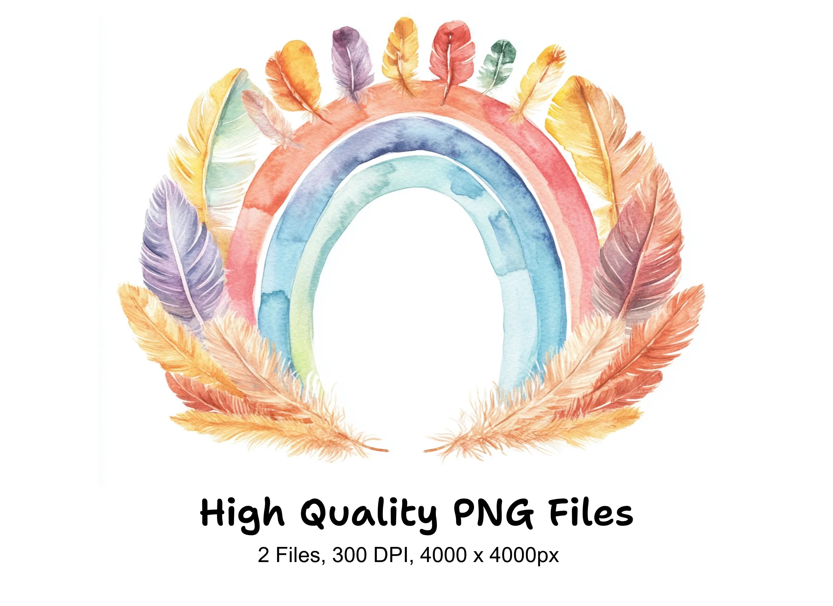 Boho Rainbow Feathers Clipart Bundle
