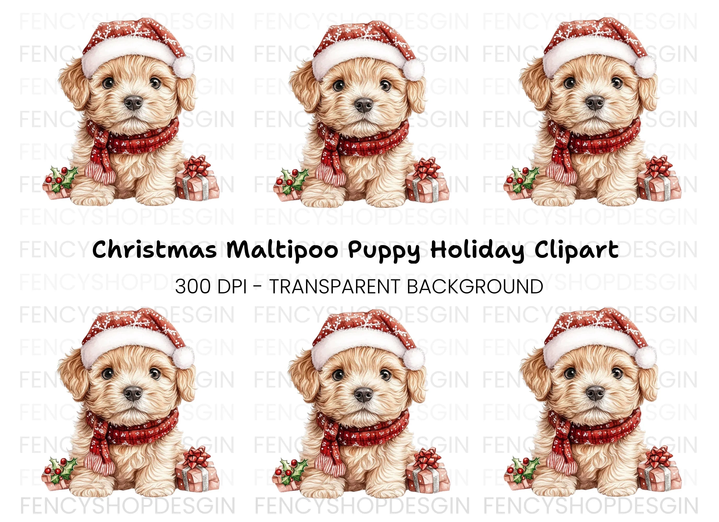 Cute Puppy in Santa Hat Clipart Bundle