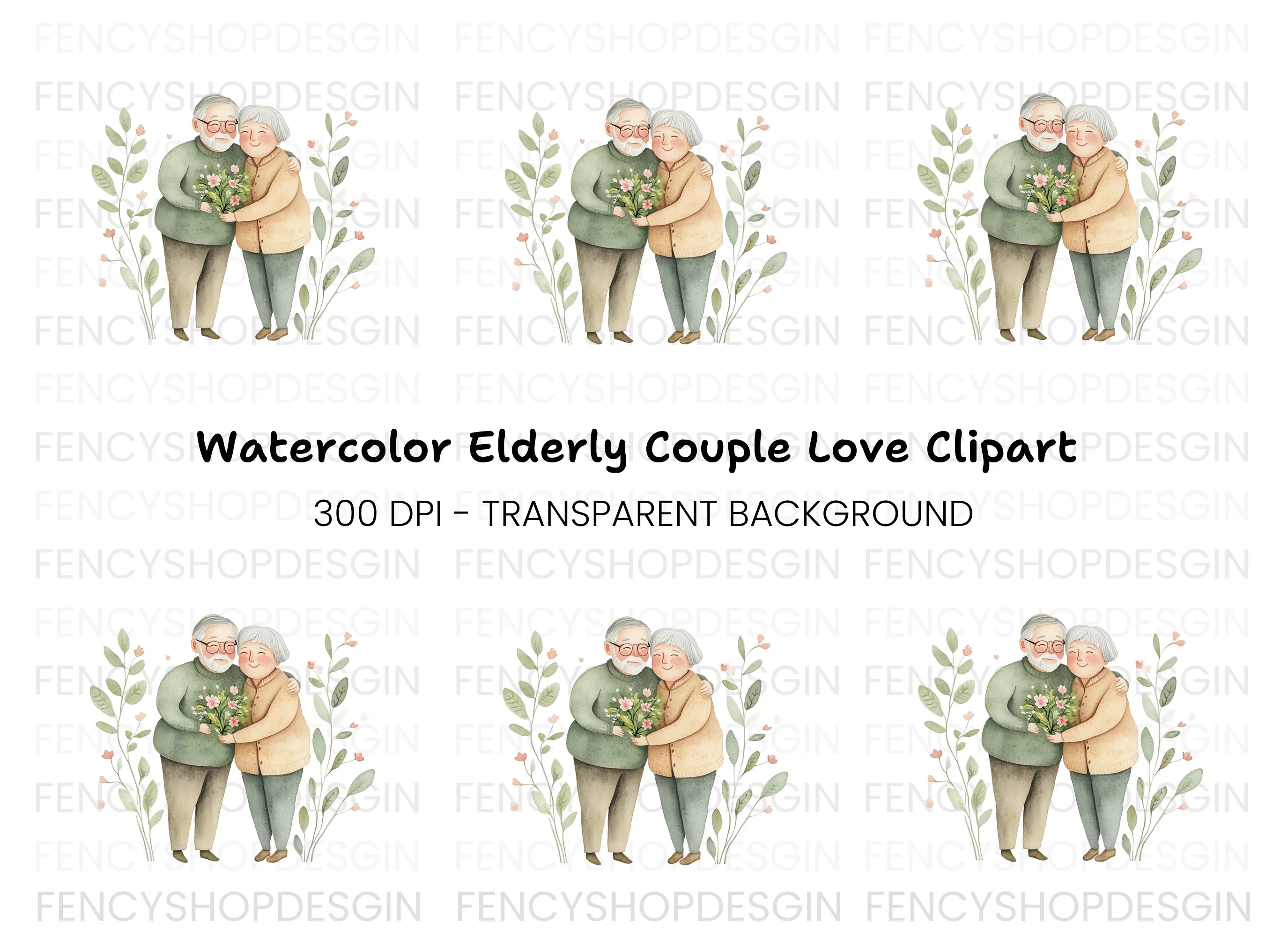 Elderly Couple with Flowers Clipart Bundle