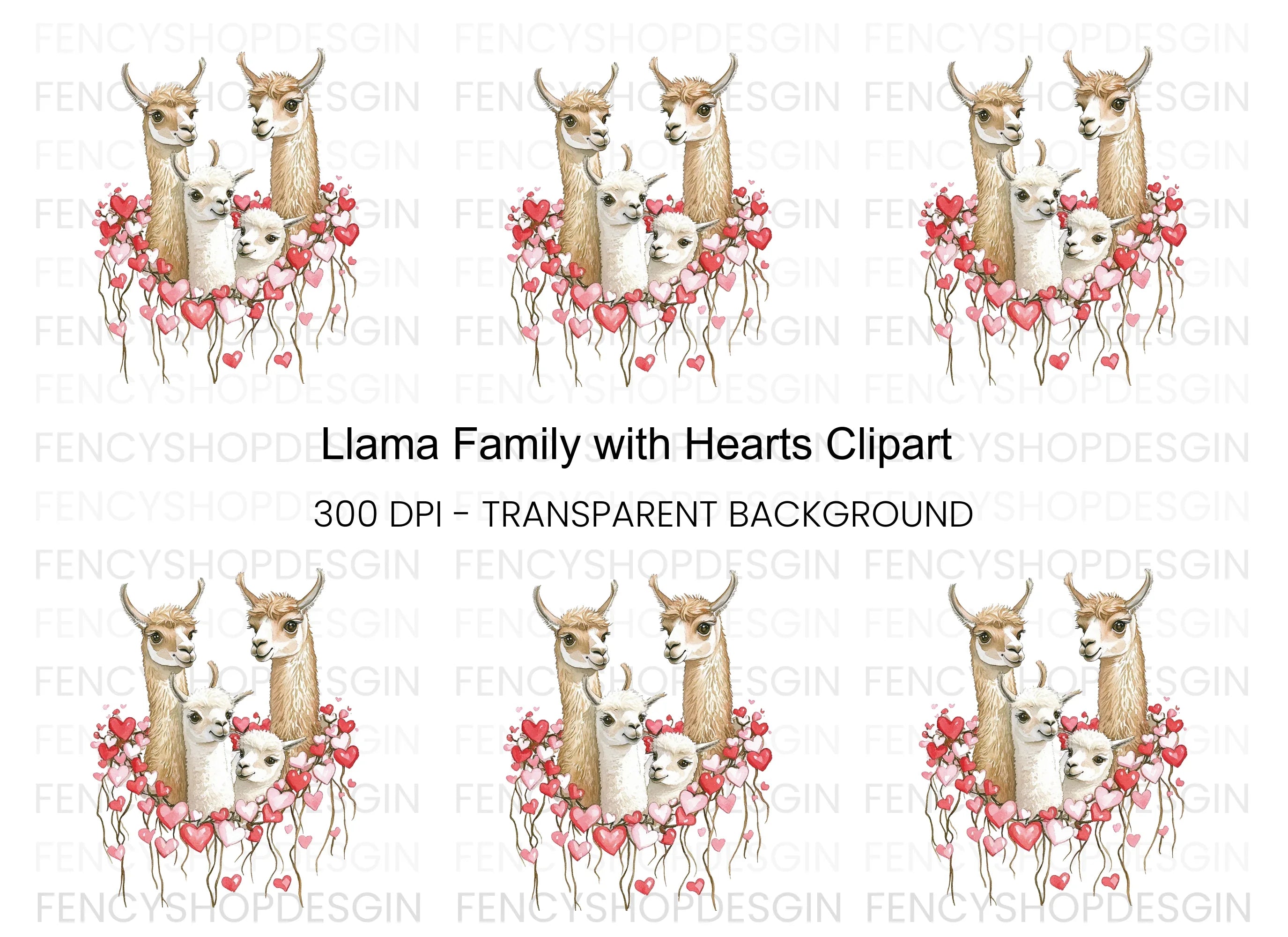 Llama Family with Hearts Clipart Bundle