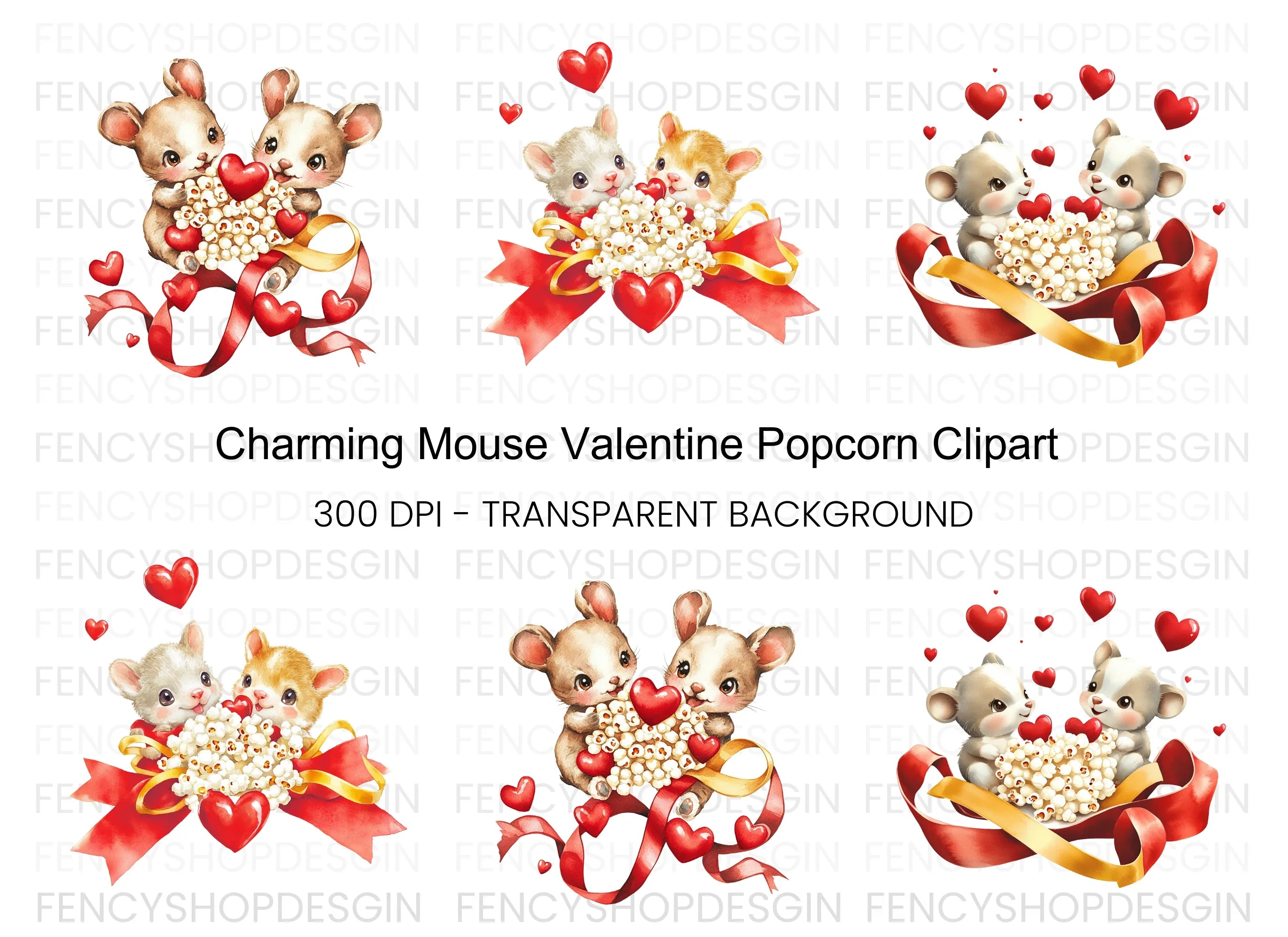 Adorable Mice with Popcorn Hearts Clipart Bundle