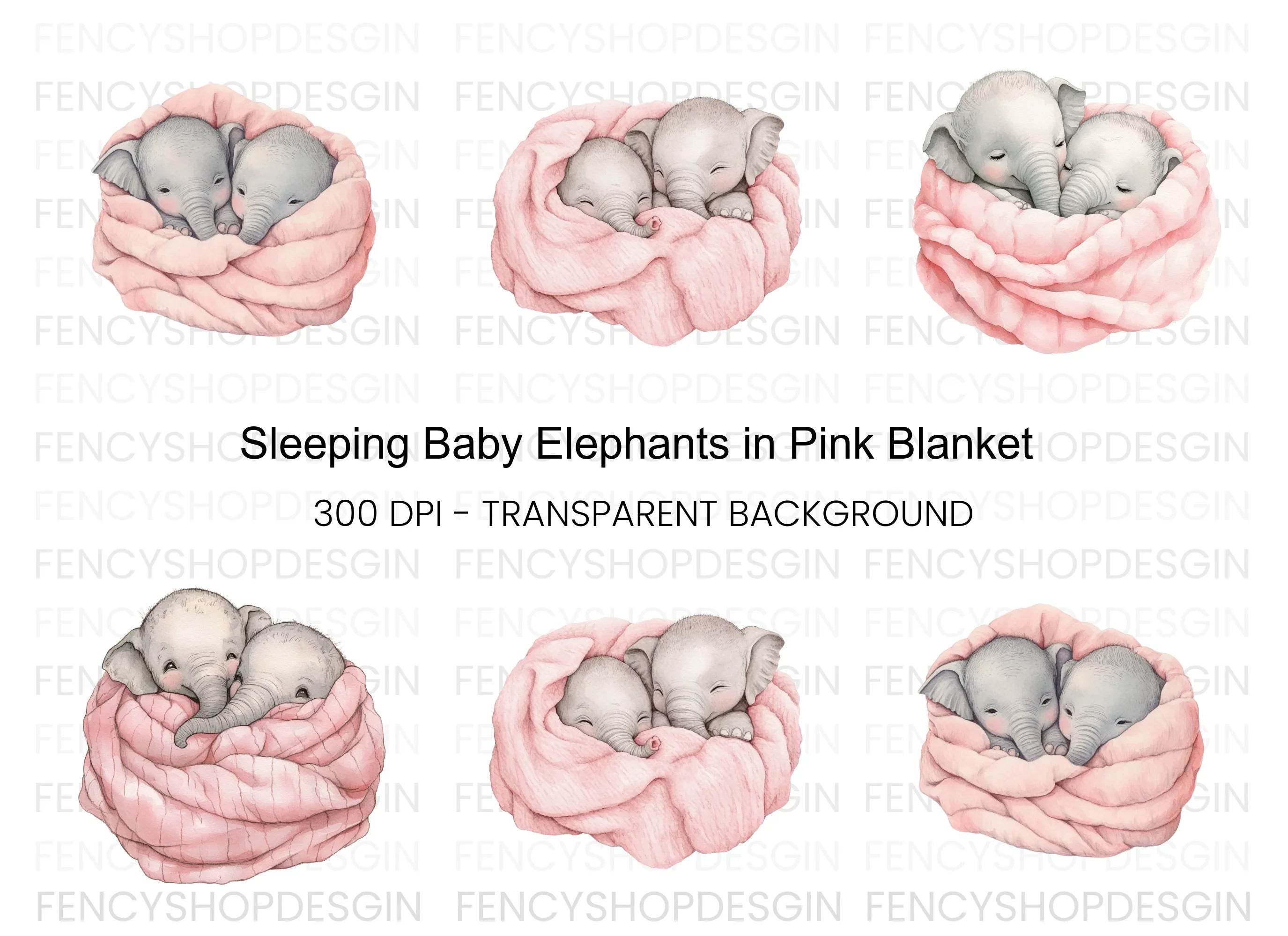 Sleeping Baby Elephants in Pink Blanket Clipart Bundle