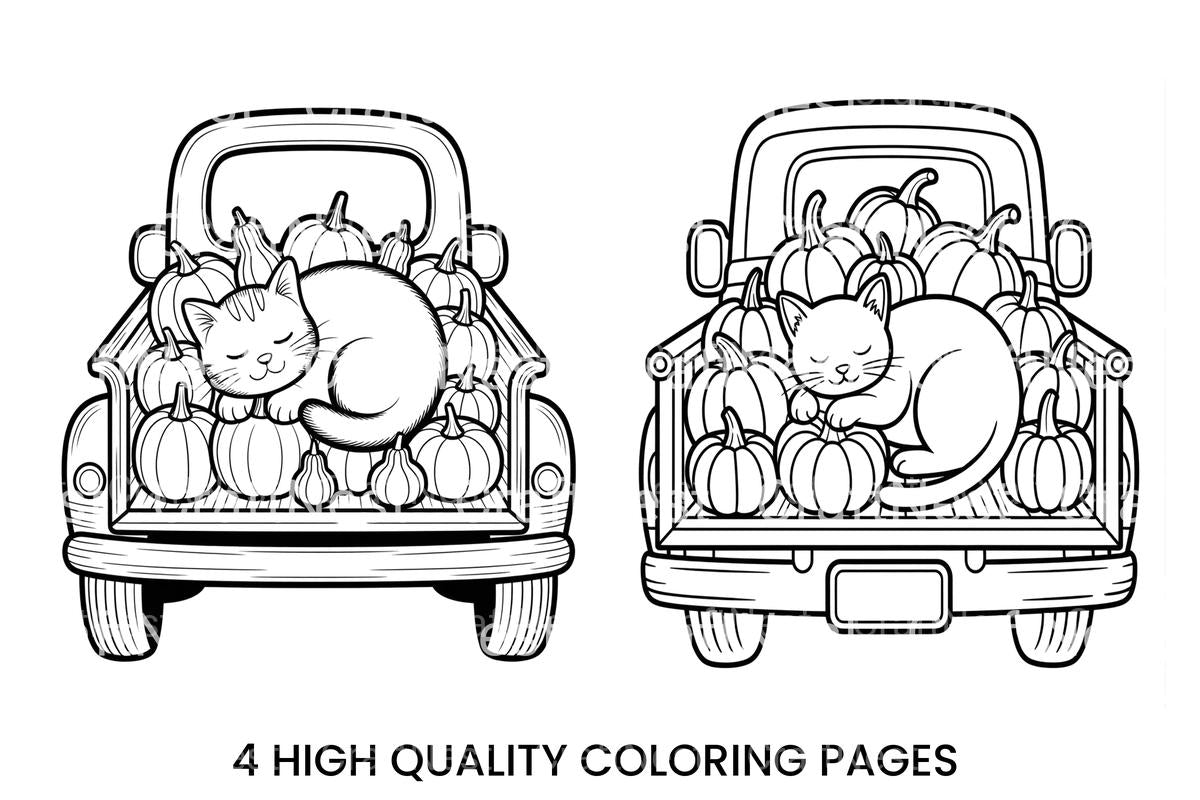 Cute Cat and Pumpkins Truck Coloring Books