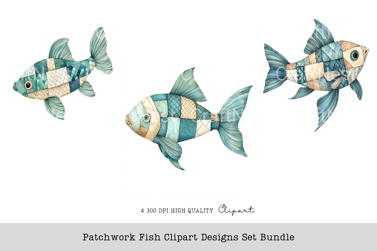 Patchwork Fish Designs Clipart Bundle