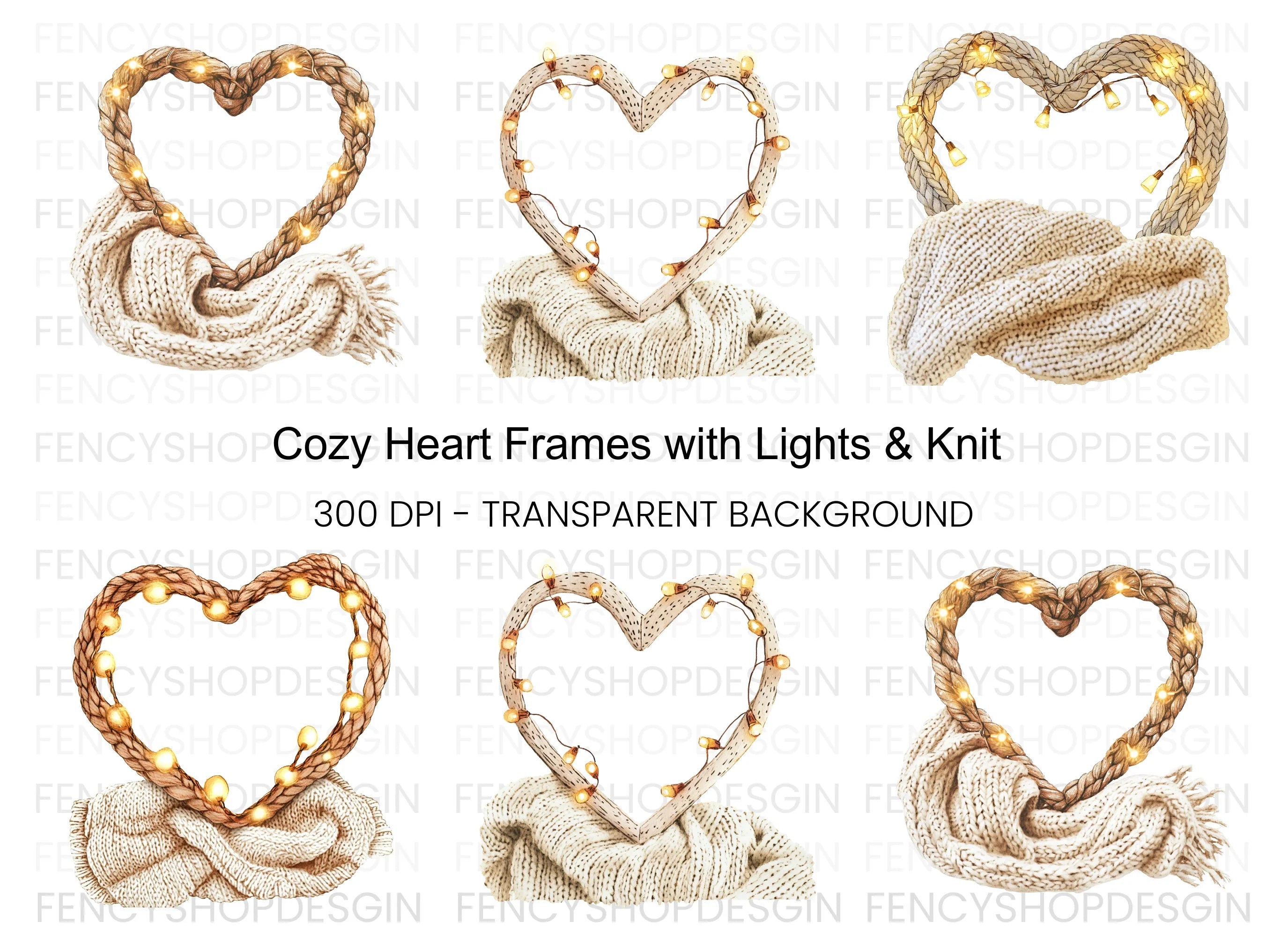 Cozy Heart Frames with Fairy Lights Clipart Bundle