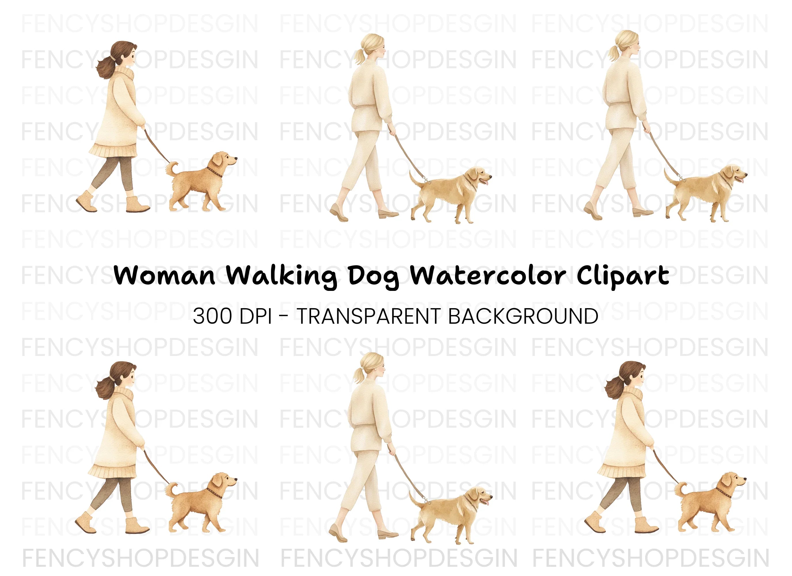 Girls Walking Dogs Clipart Bundle