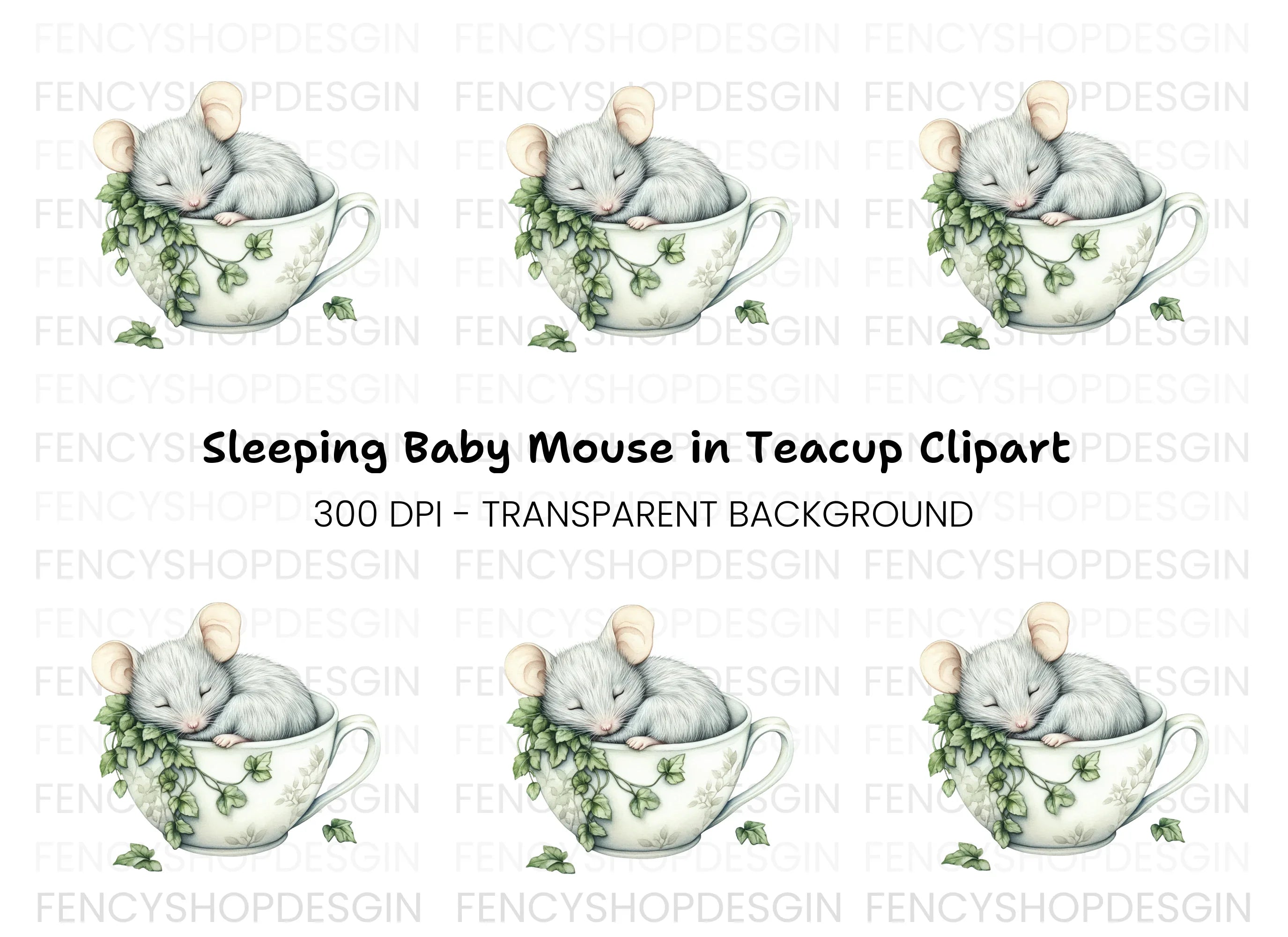 Sleeping Mouse in Teacup Clipart Bundle