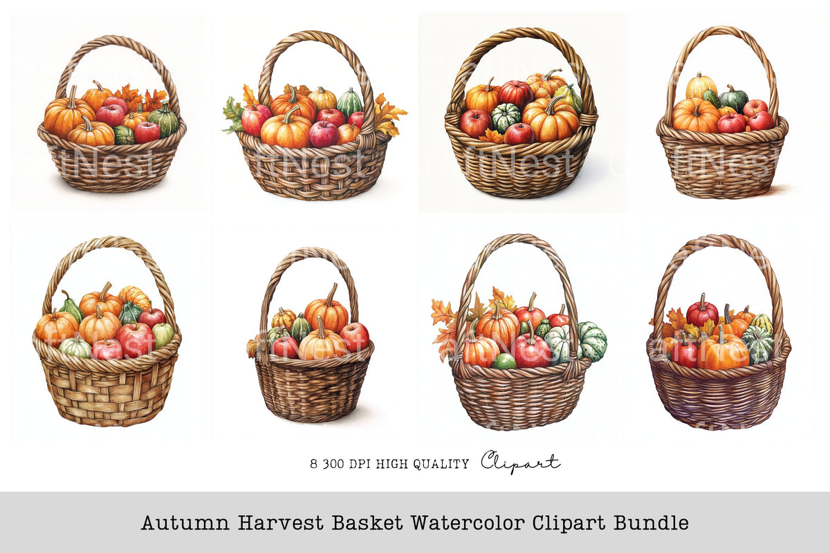 Autumn Harvest Basket Clipart Bundle