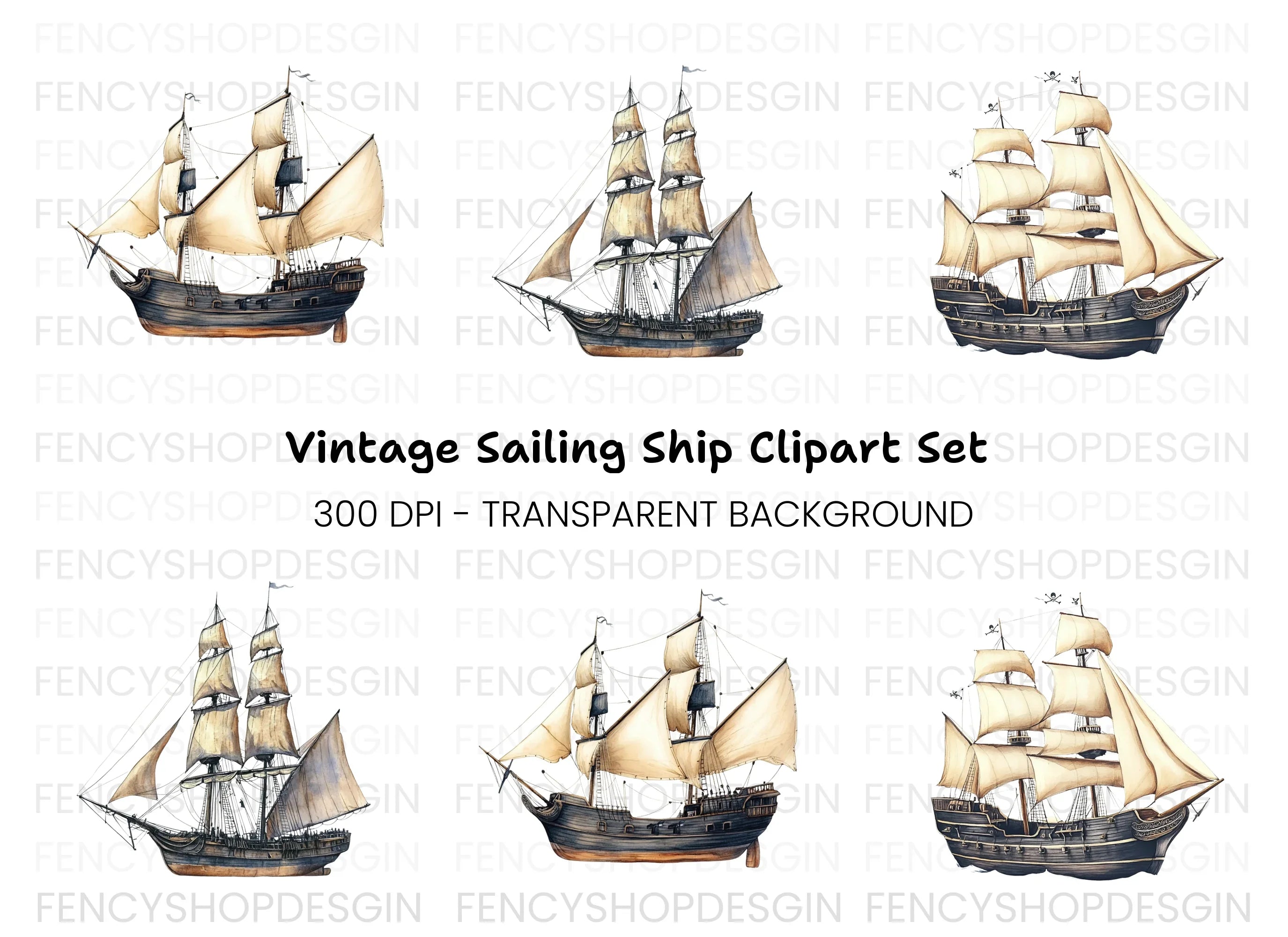 Vintage Pirate Ships Clipart Bundle