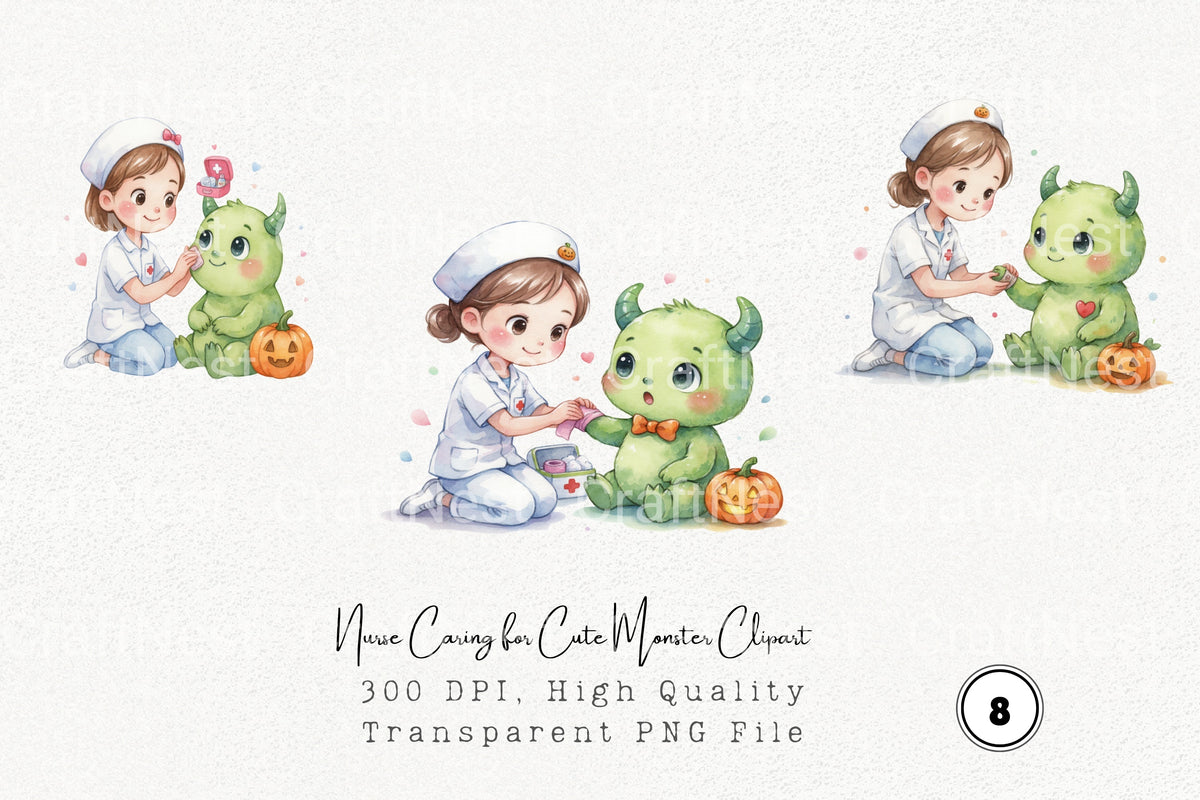 Nurse Caring For Cute Monster Clipart Bundle