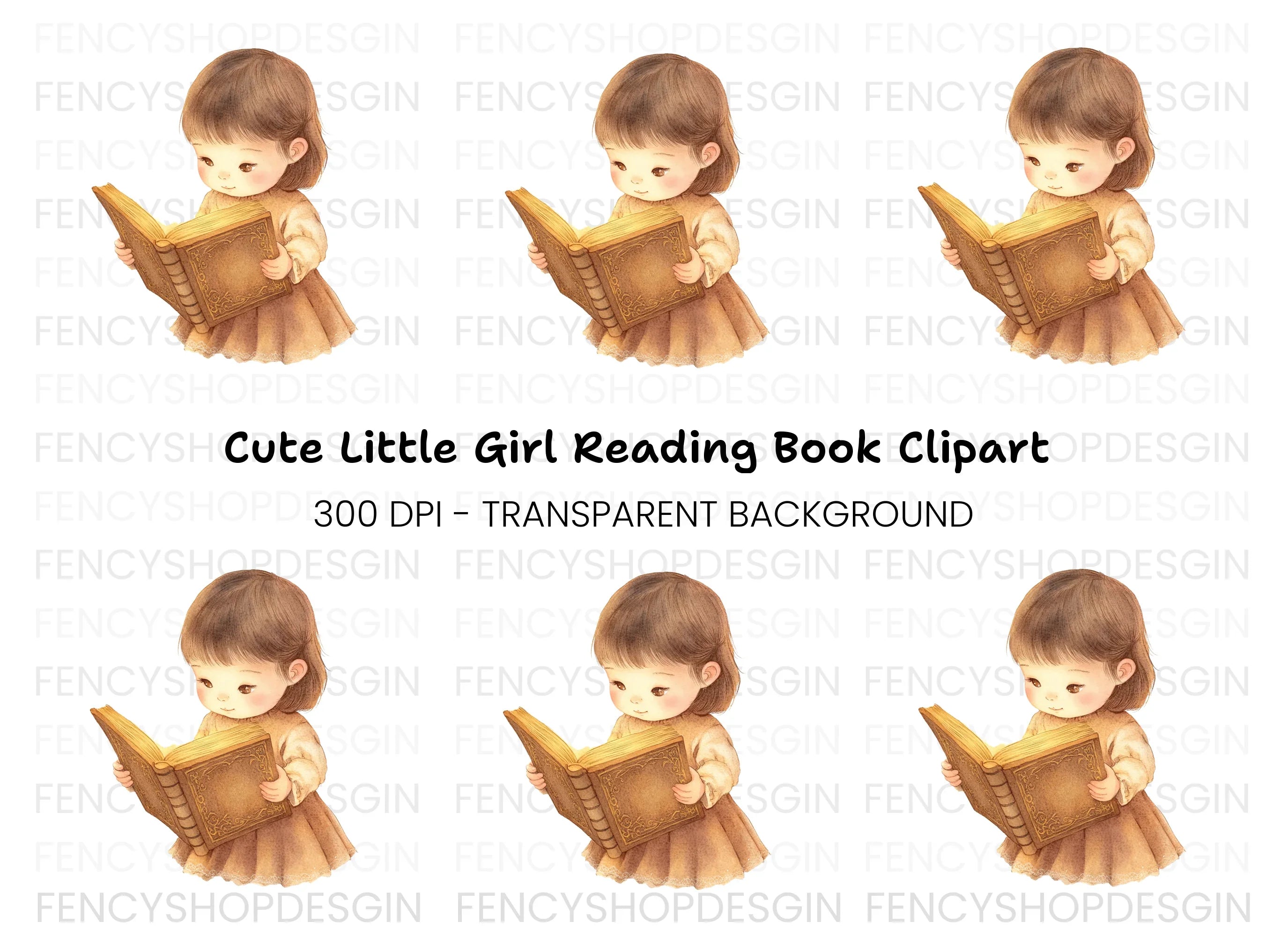 Cute Little Girl Reading Book Clipart Bundle