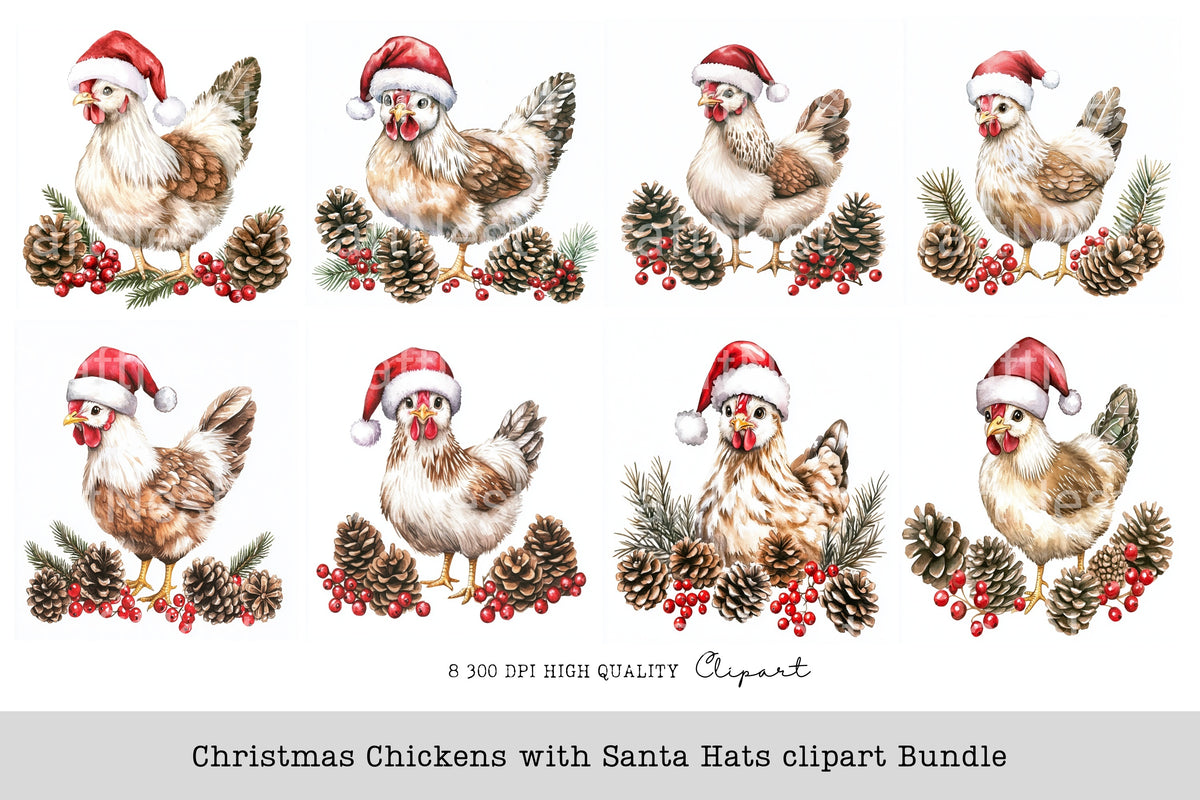 Christmas Chickens With Santa Hats Clipart Bundle