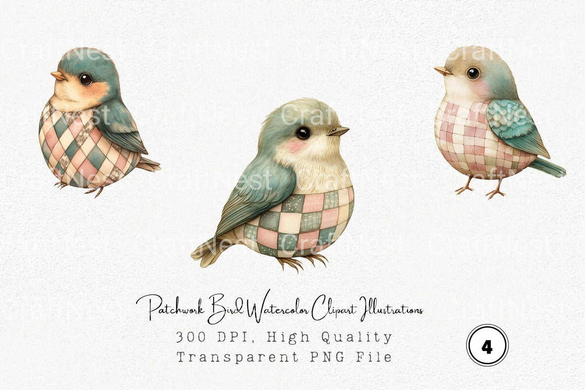 Patchwork Bird Illustrations Clipart Bundle