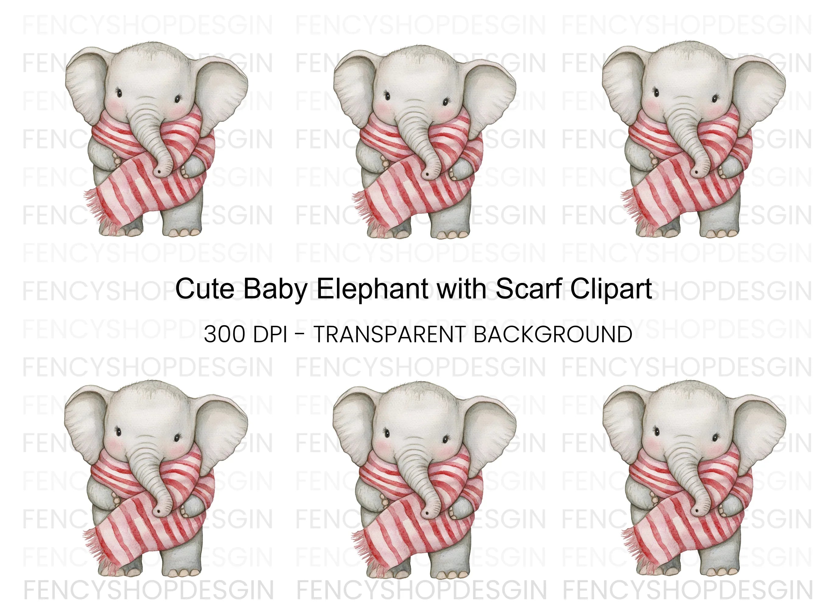 Cute Baby Elephant with Scarf Clipart Bundle