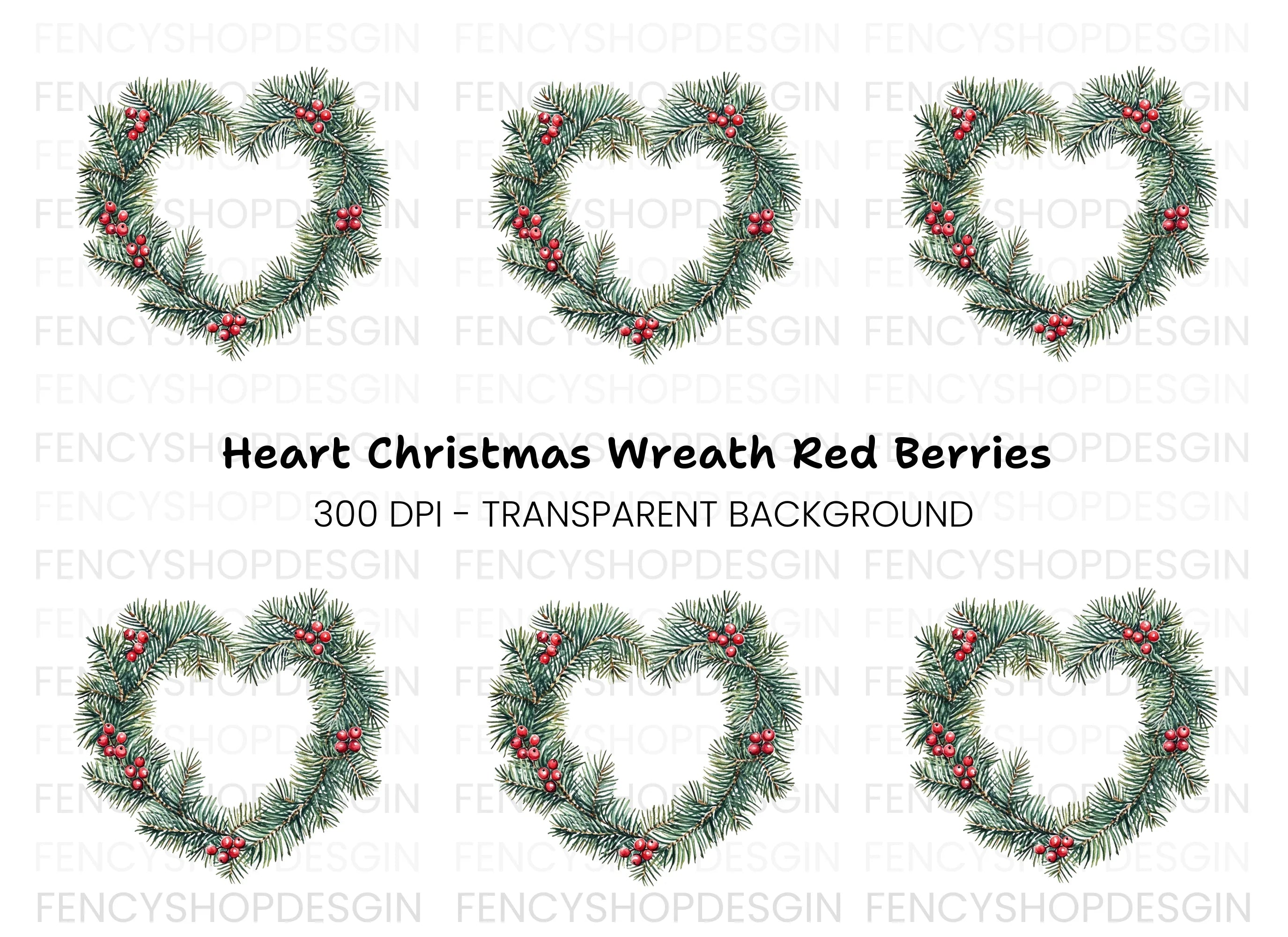 Heart Shaped Pine Wreath with Berries Clipart Bundle