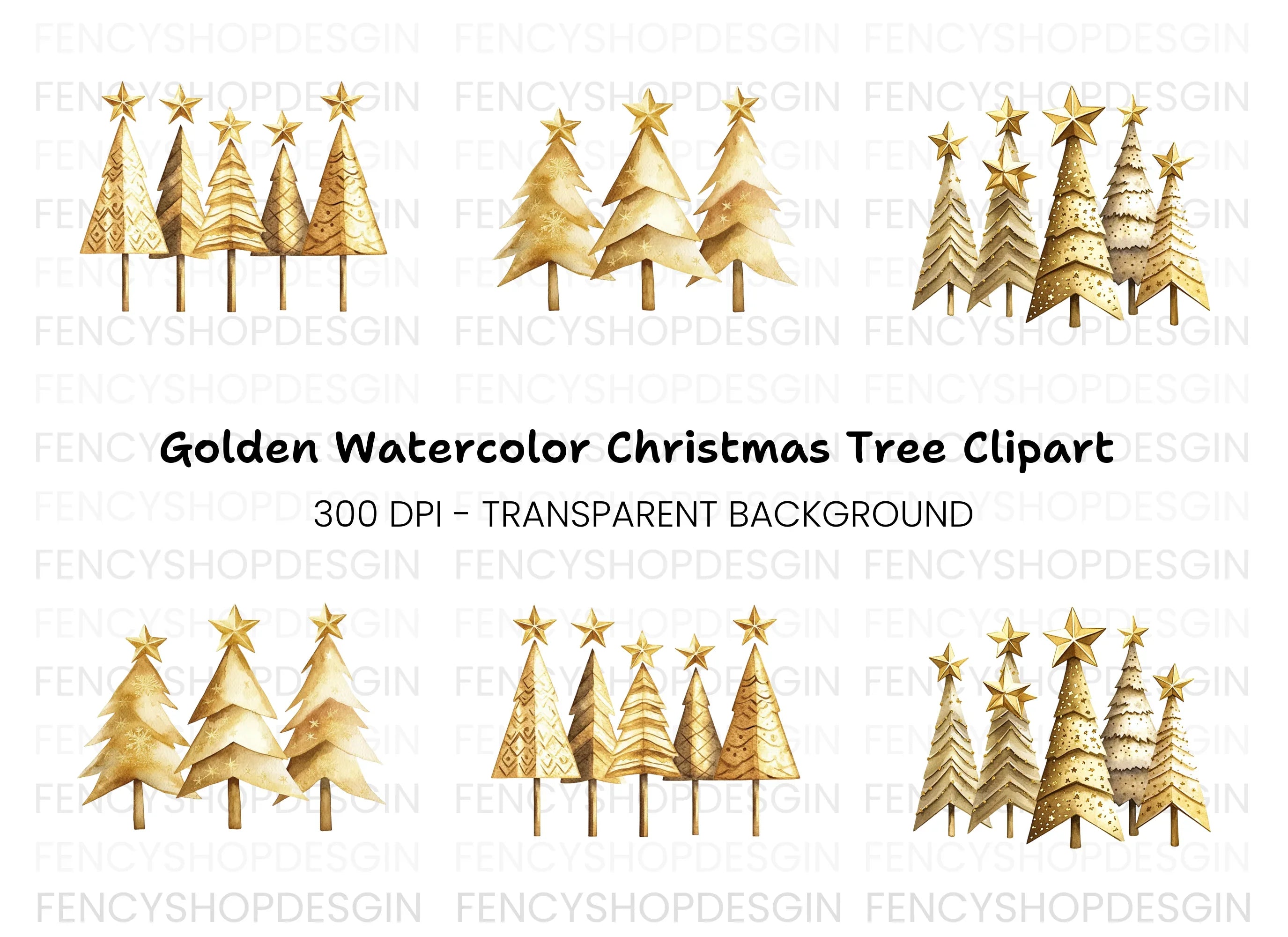 Golden Christmas Trees Clipart Bundle