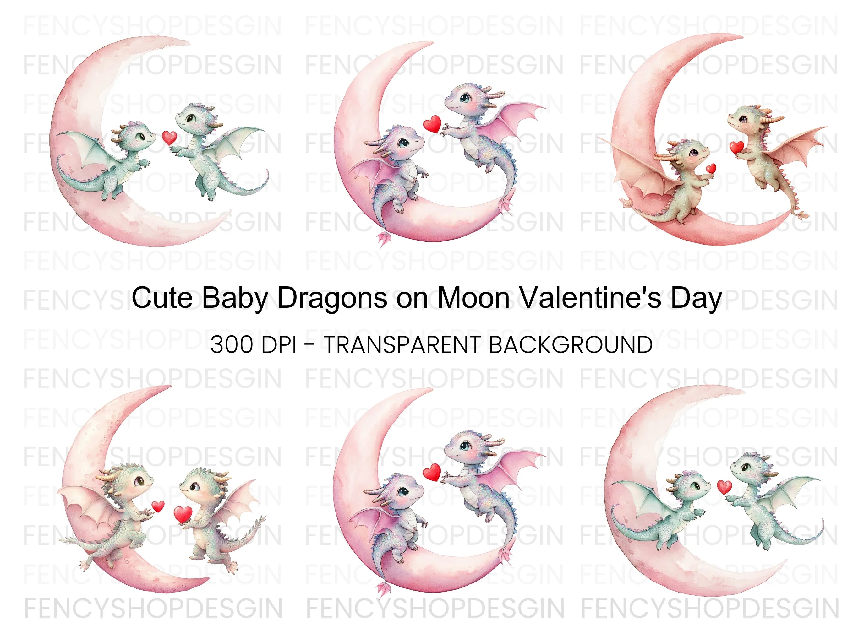 Cute Dragon Couple on Moon Clipart Bundle