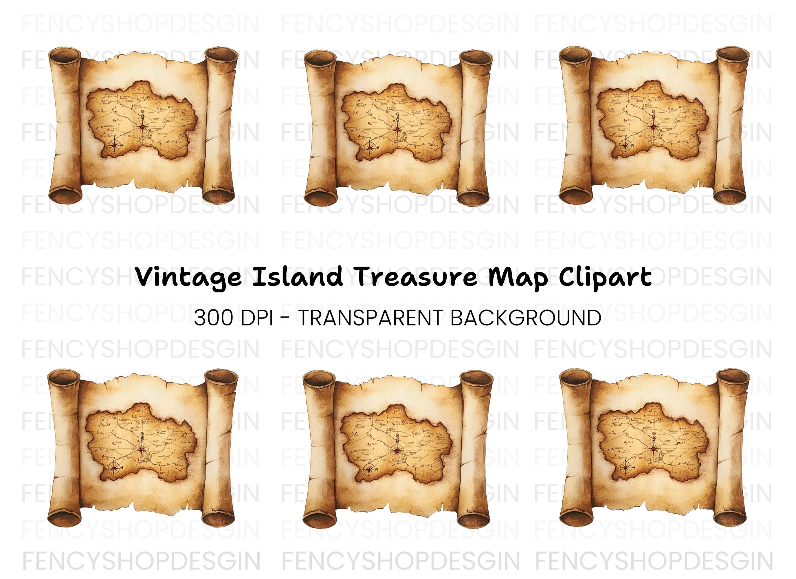 Vintage Treasure Map Scroll Clipart Bundle