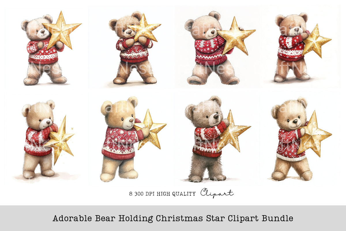 Adorable Bear Holding Christmas Star Clipart Bundle