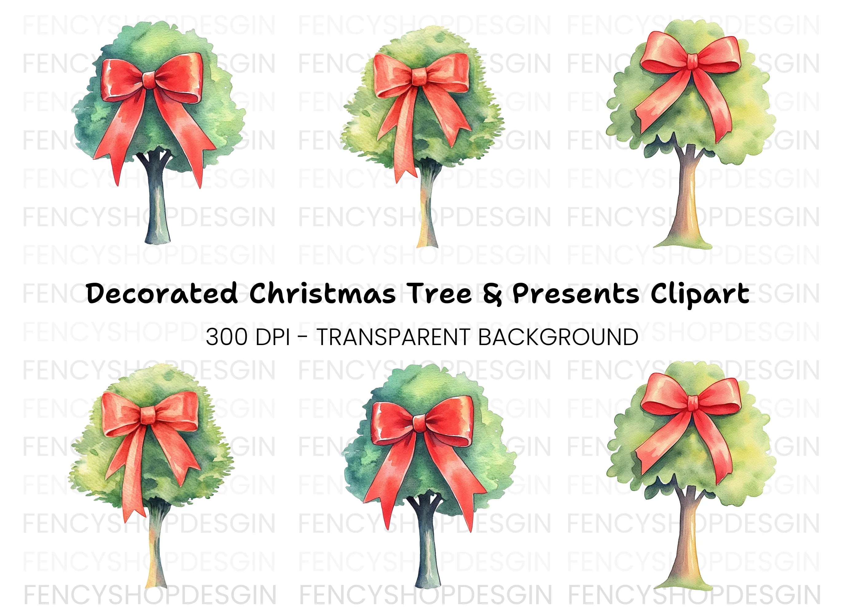 Green Trees with Red Bows Clipart Bundle