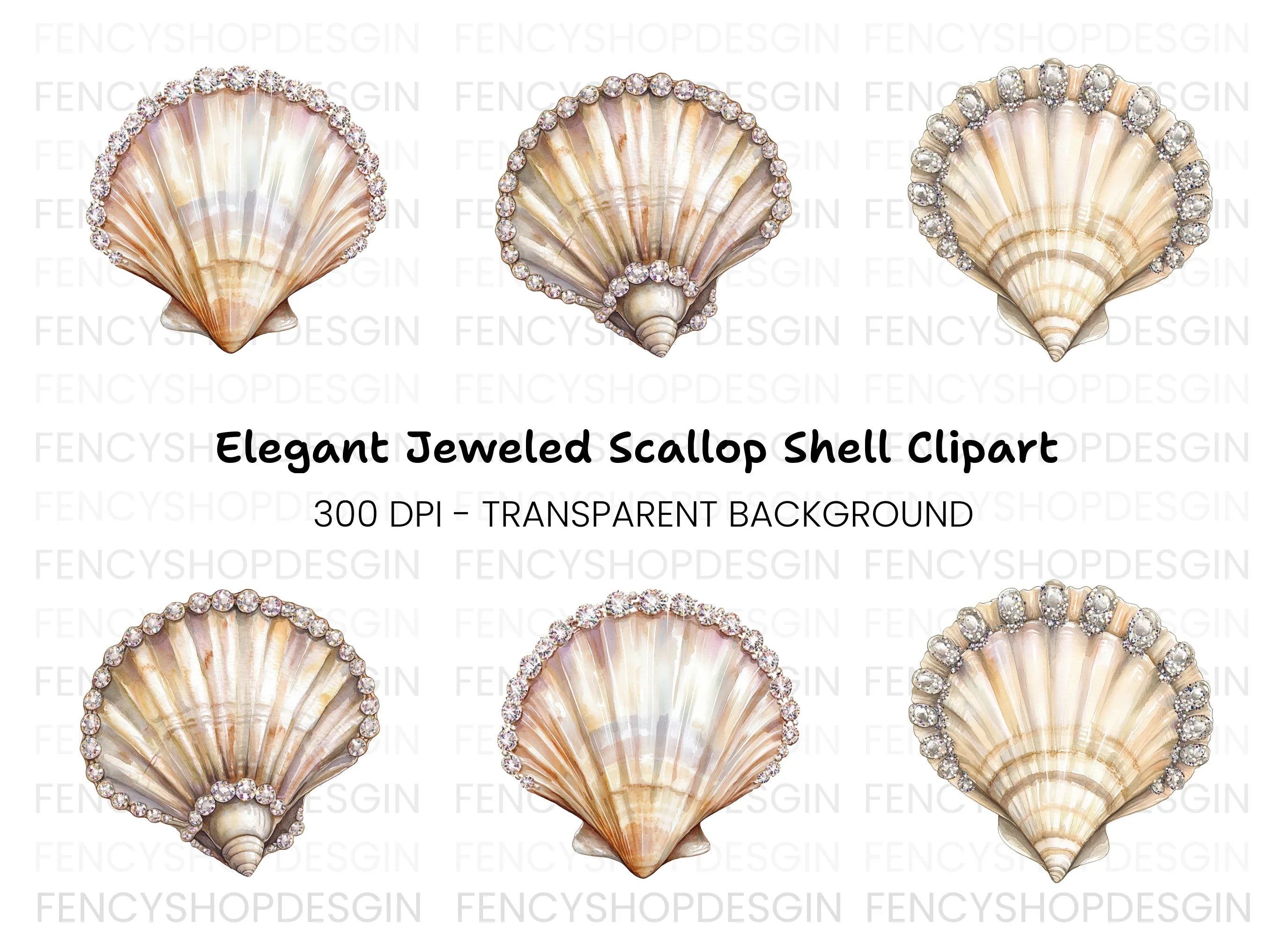 Elegant Diamond Seashell Clipart Bundle