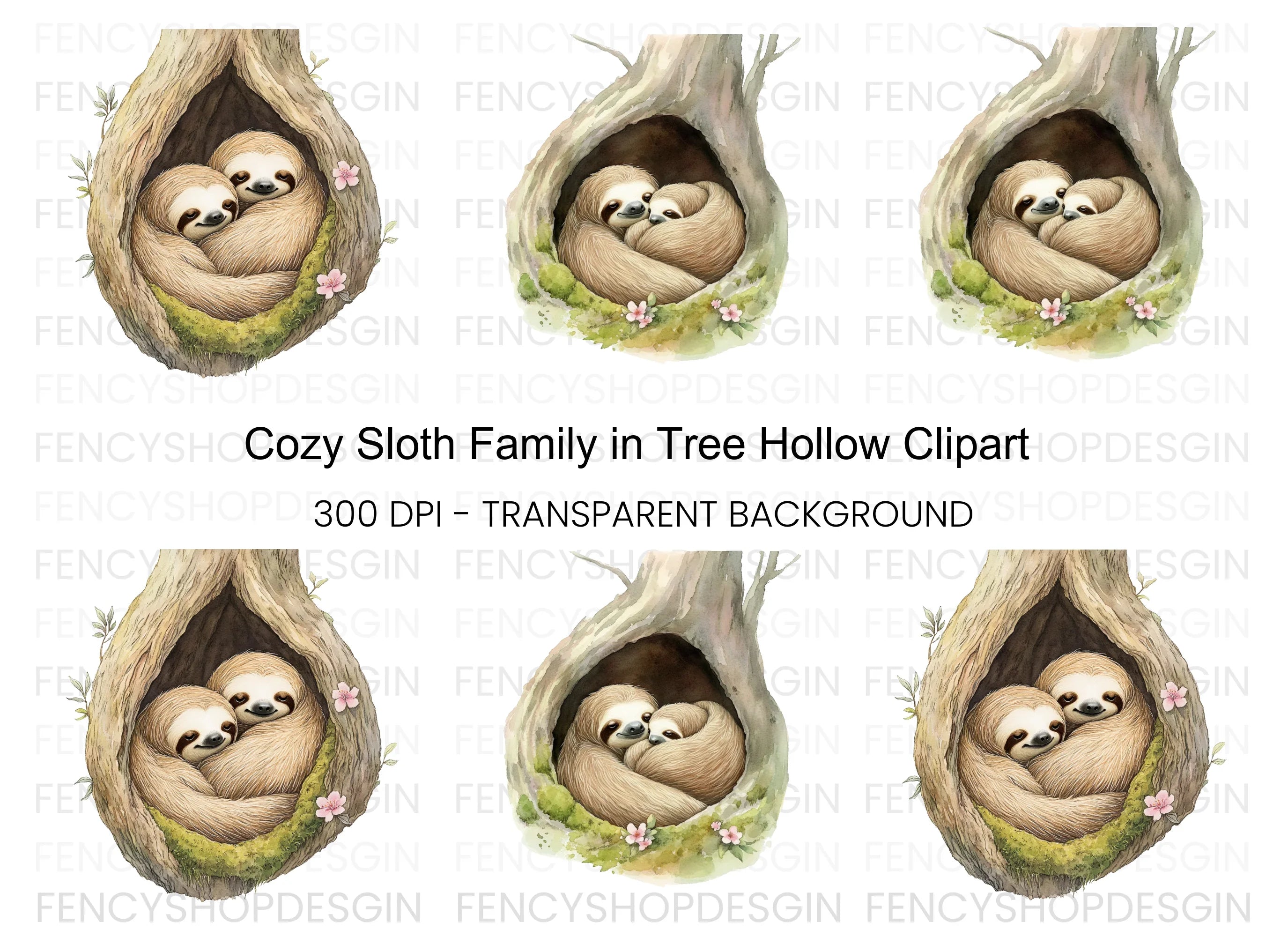 Cozy Sloth Family in Tree Hollow Clipart Bundle