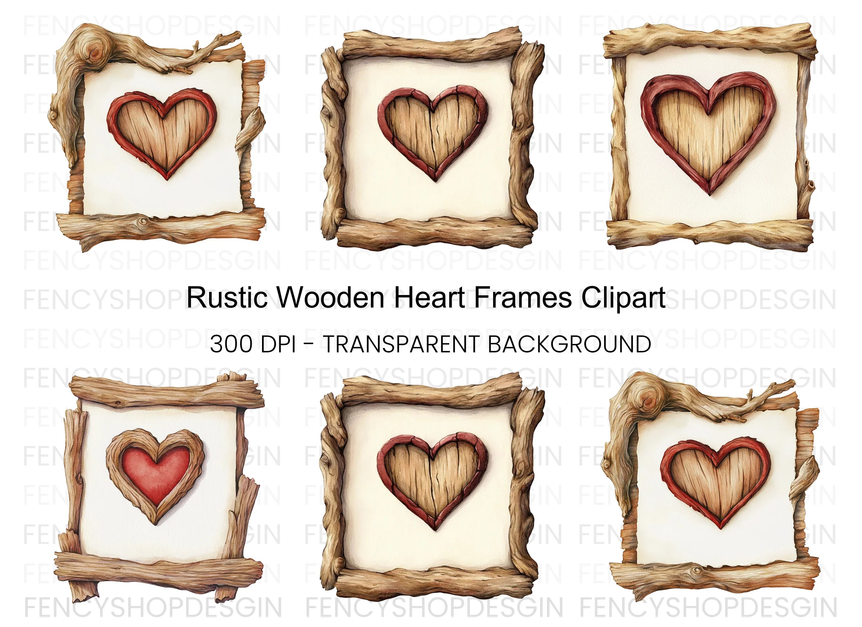 Rustic Wooden Heart Frame Clipart Bundle